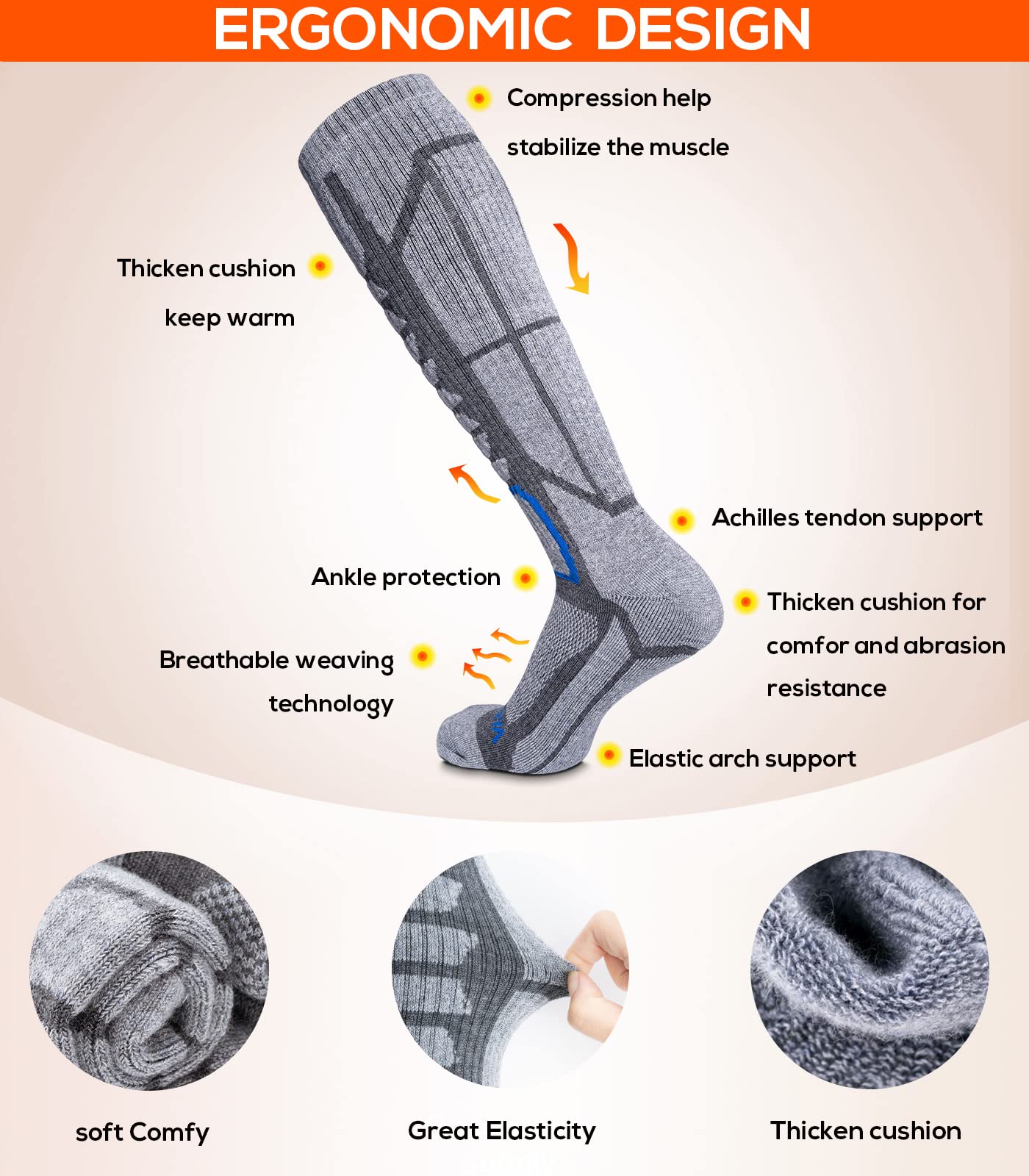 Premium Merino Wool Ski Socks for Men & Women - Warm Thermal Knee-High Winter Snowboarding Socks (3-Pack) - Perfect for Skiing, Snowboarding & Cold Weather Outdoor Activities