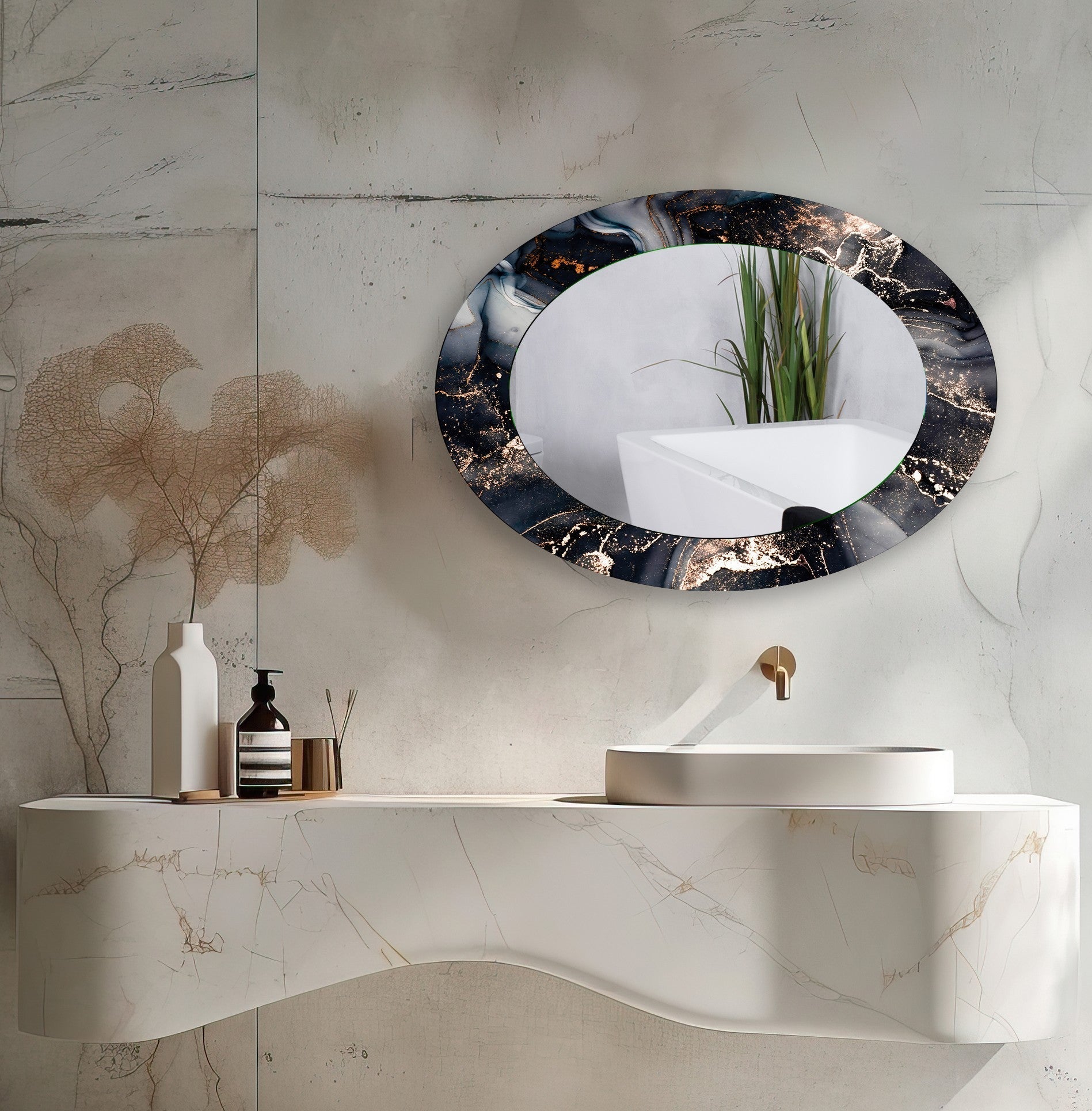 Stylish Asymmetrical Black Entryway Oval Wall Mirror - Modern Home Decor for Hallway, Living Room & Bedroom