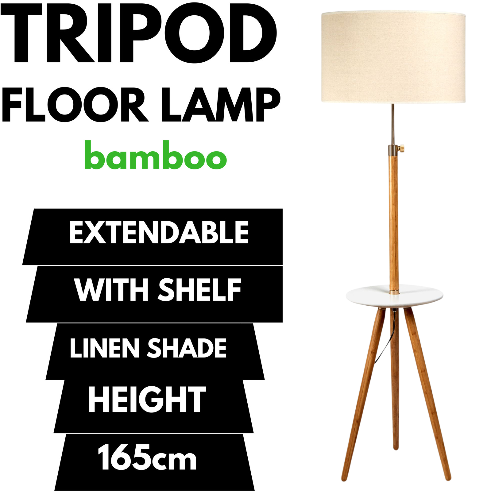 165cm Adjustable Bamboo Floor Lamp with Linen Shade & Shelves - Modern Reading Light for Living Room, Bedroom, and Office