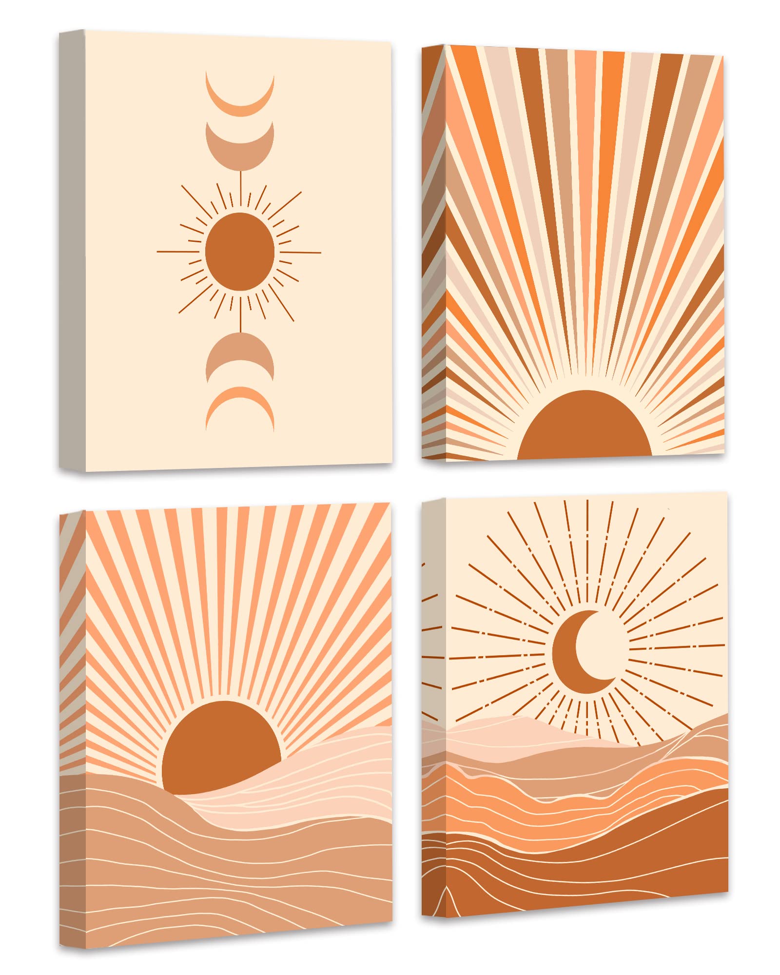 Boho Sun Moon Canvas Wall Art - Abstract Bohemian Room Decor - Set of 4 Framed Prints (8x10 inches) for Living Room, Bedroom & Office Decor