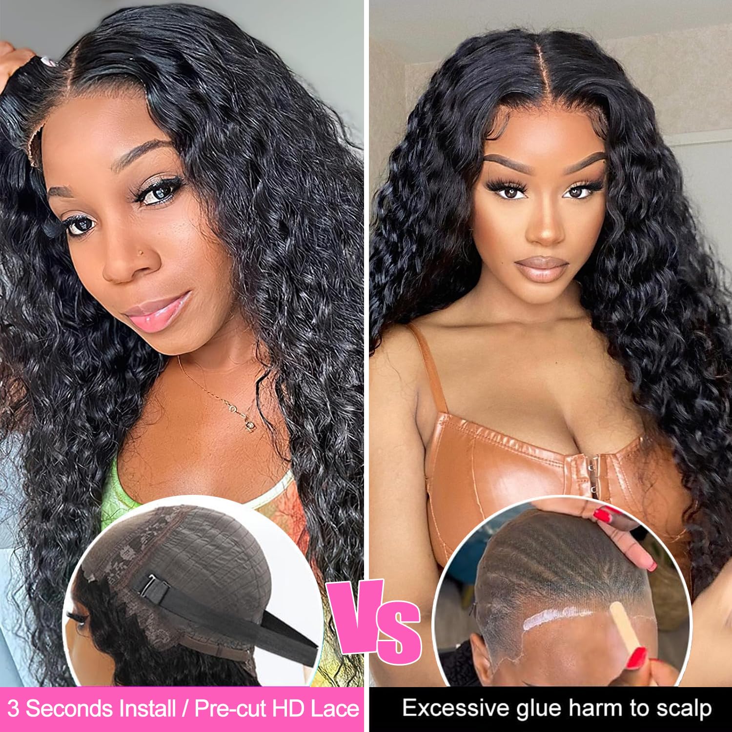 30 Inch Wear and Go Glueless Human Hair Wigs for Black Women - Pre Plucked Water Wave Lace Front Wig with Baby Hair 180% Density | Deep Curly Wigs for Daily Wear, Parties & Special Occasions