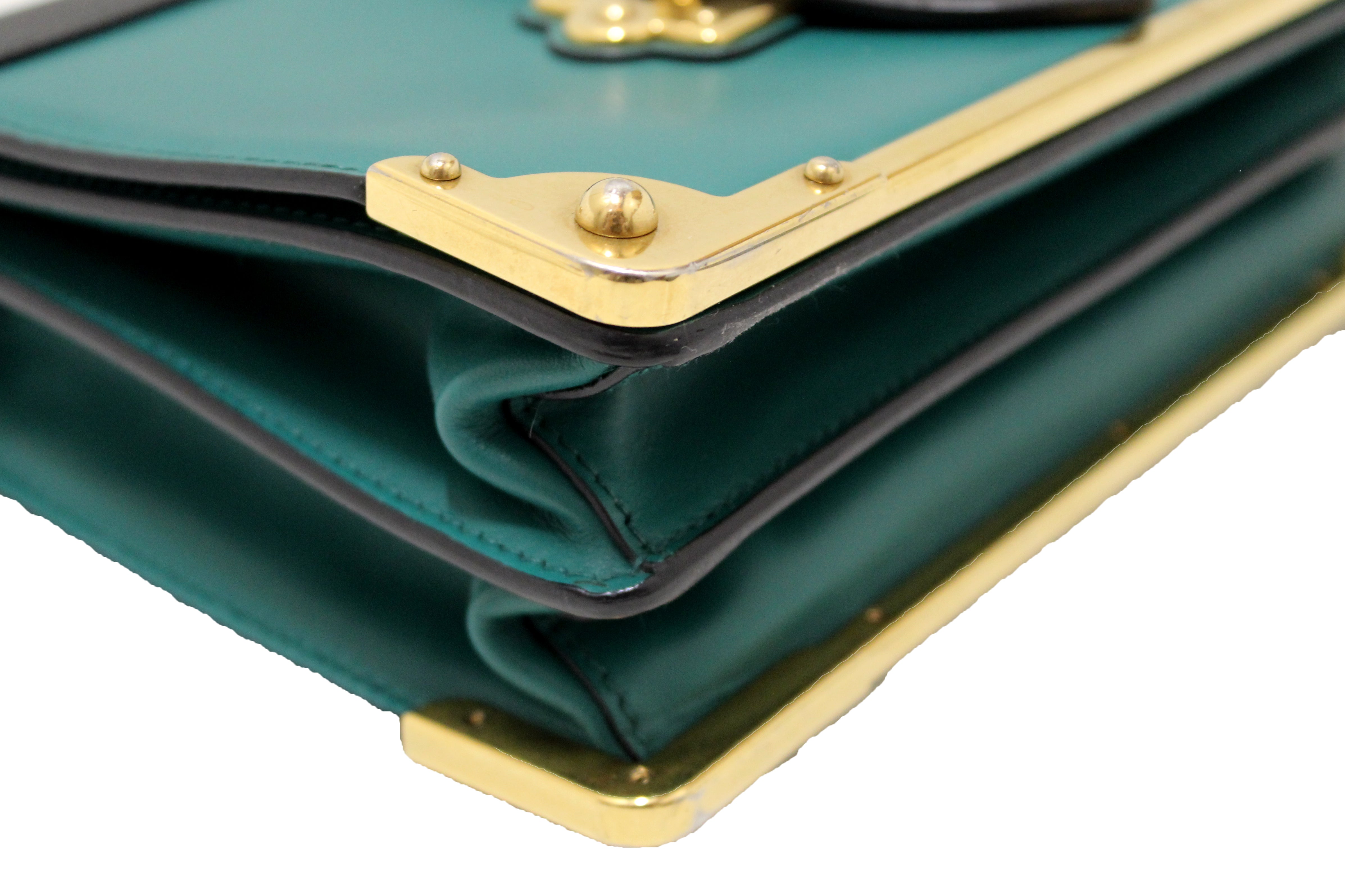 Authentic Prada Cahier Bag - Emerald Green & Black Leather Crossbody Purse for Women | Luxury Designer Handbag for Work, Travel & Evening Events