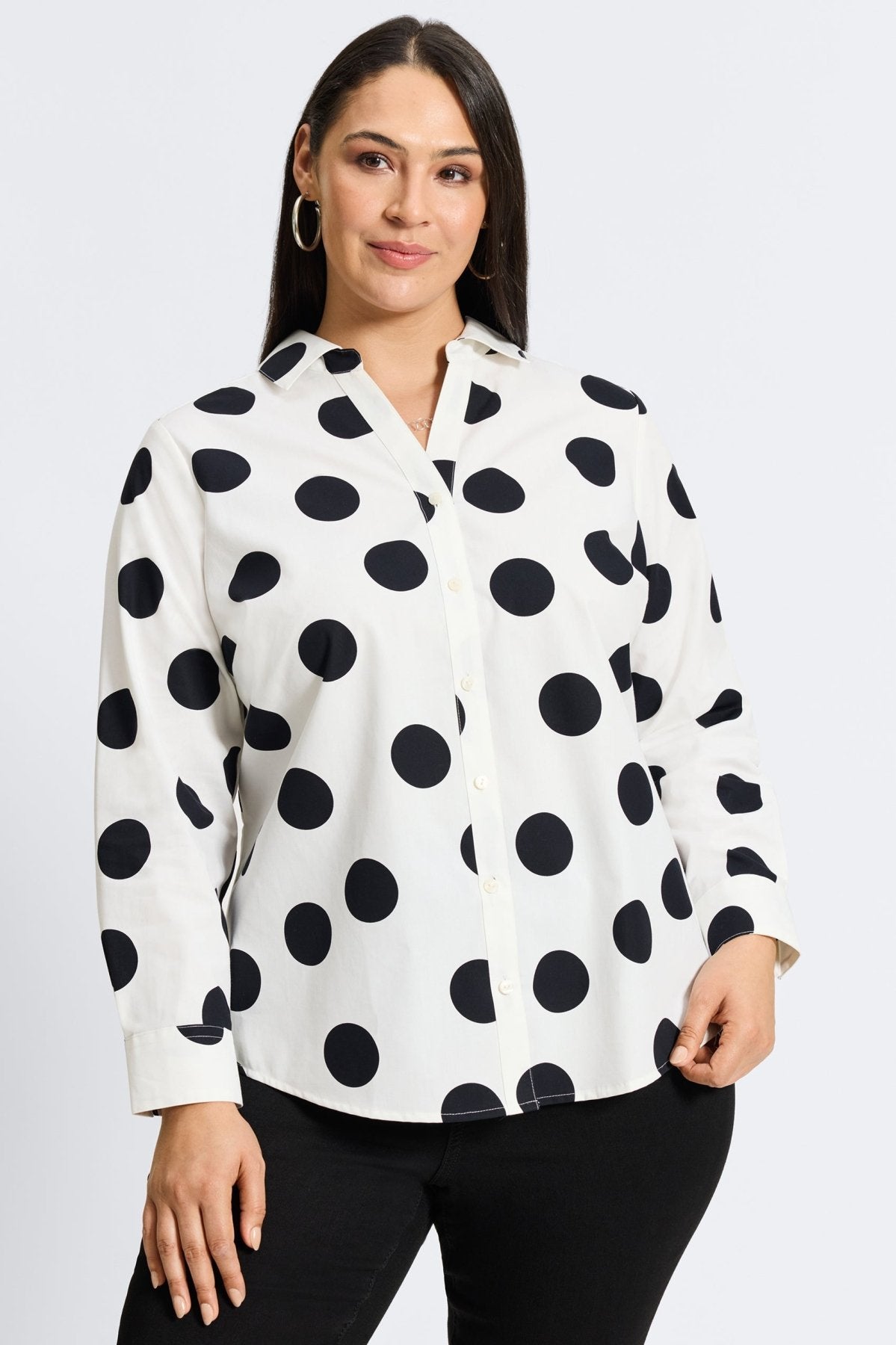 Mary Plus Black & White Polka Dot Long Sleeve Blouse - Women's Fashion Tops for Work, Office & Casual Wear