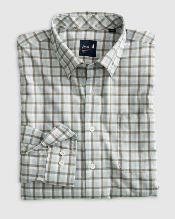 Johnnie O Long Sleeve Button-Down Shirt in Light Gray Plaid - Classic Casual Wear for Work, Outdoor Adventures & Everyday Style
