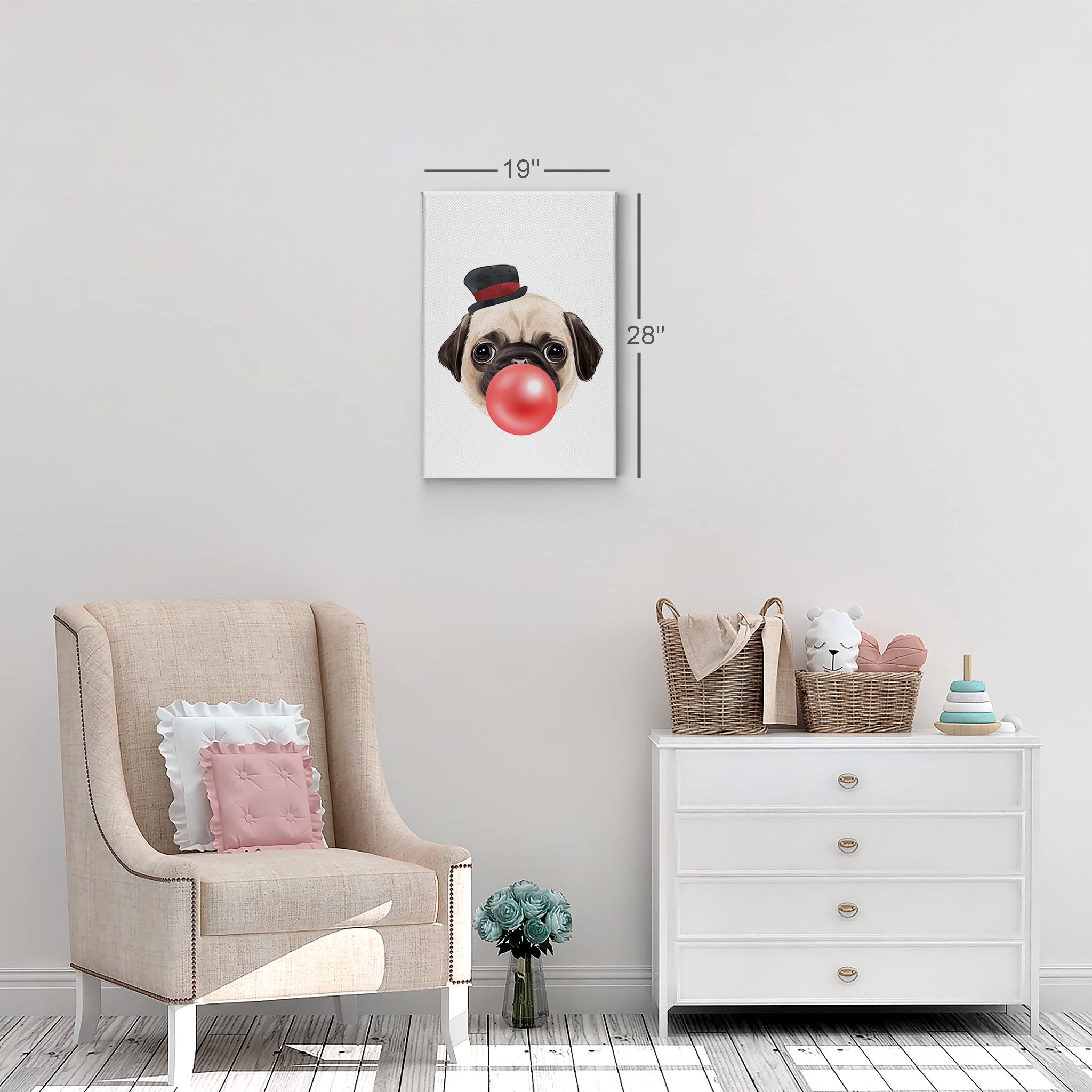 Pug Dog Portrait with Hat Chewing Bubble Gum - Pop Art Canvas Wall Print - Perfect Gift for Pet Lovers - 12x8 Inch - Ideal for Living Room, Bedroom, Office, Nursery & Kids Room Decor