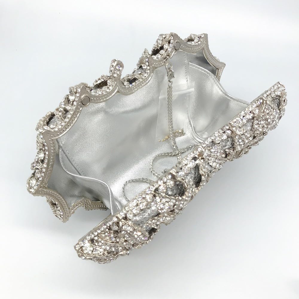 Sparkly Diamond Evening Handbags for Women - Glitter Bling Party Wedding Clutch Purse with Rose Silver Design | Perfect for Prom, Cocktail Events & Special Occasions