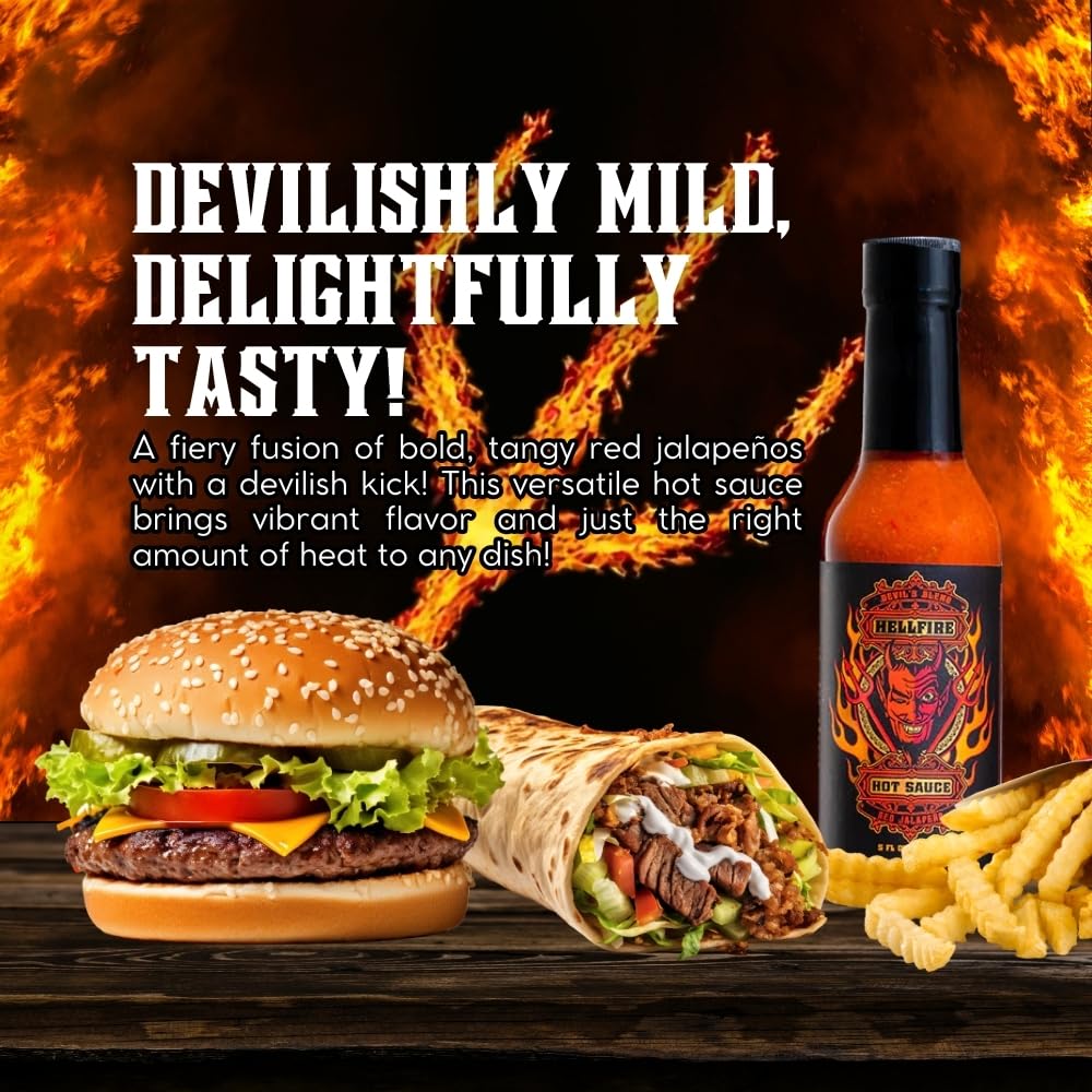 **Hellfire Devil's Blend Red Jalapeno Hot Sauce – Award-Winning Gourmet Hot Sauce, Rich & Flavorful – 5 oz Bottle – Perfect for Tacos, Wings, Burgers & Spicy Food Lovers**