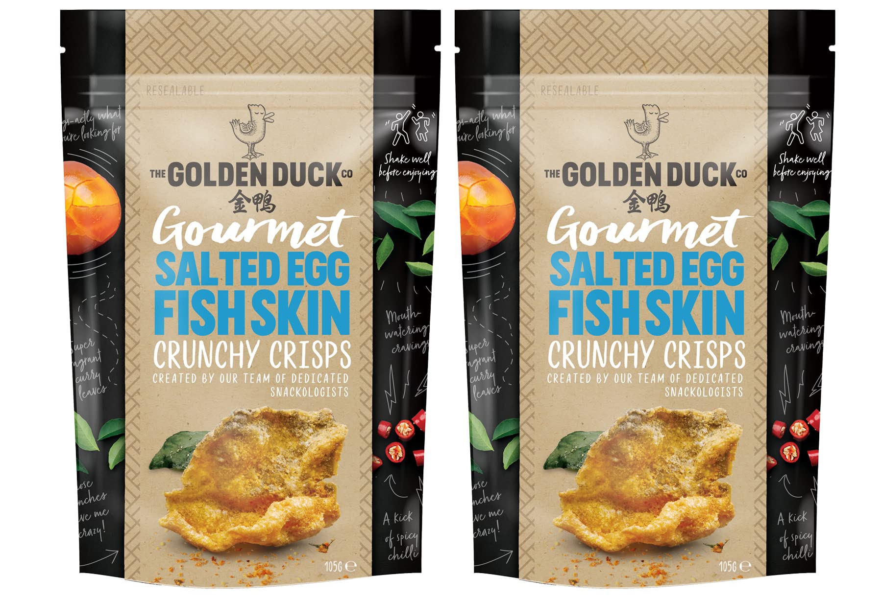 The Golden Duck Gourmet Salted Egg Yolk Fish Skin Crisps Chips (2 Pack) - Crunchy Asian Snack for Parties, Movie Nights & Gifts - Premium Singaporean Seafood Snacks