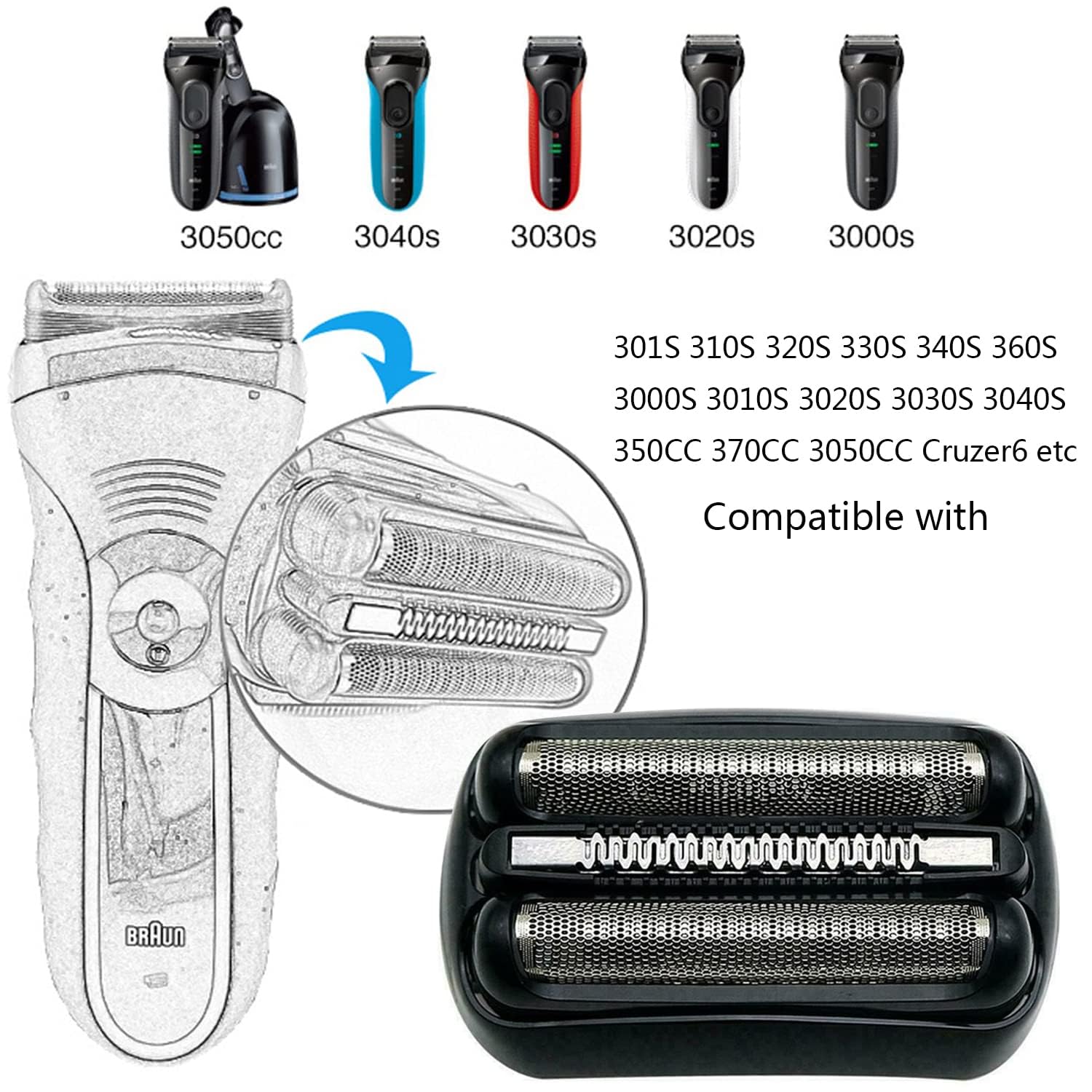 Replacement Shaver Heads for Braun Series 3 & 32B Electric Razors - Foil & Cutter Accessories Kit (Black) | Perfect for Men's Daily Shaving & Travel Grooming Needs