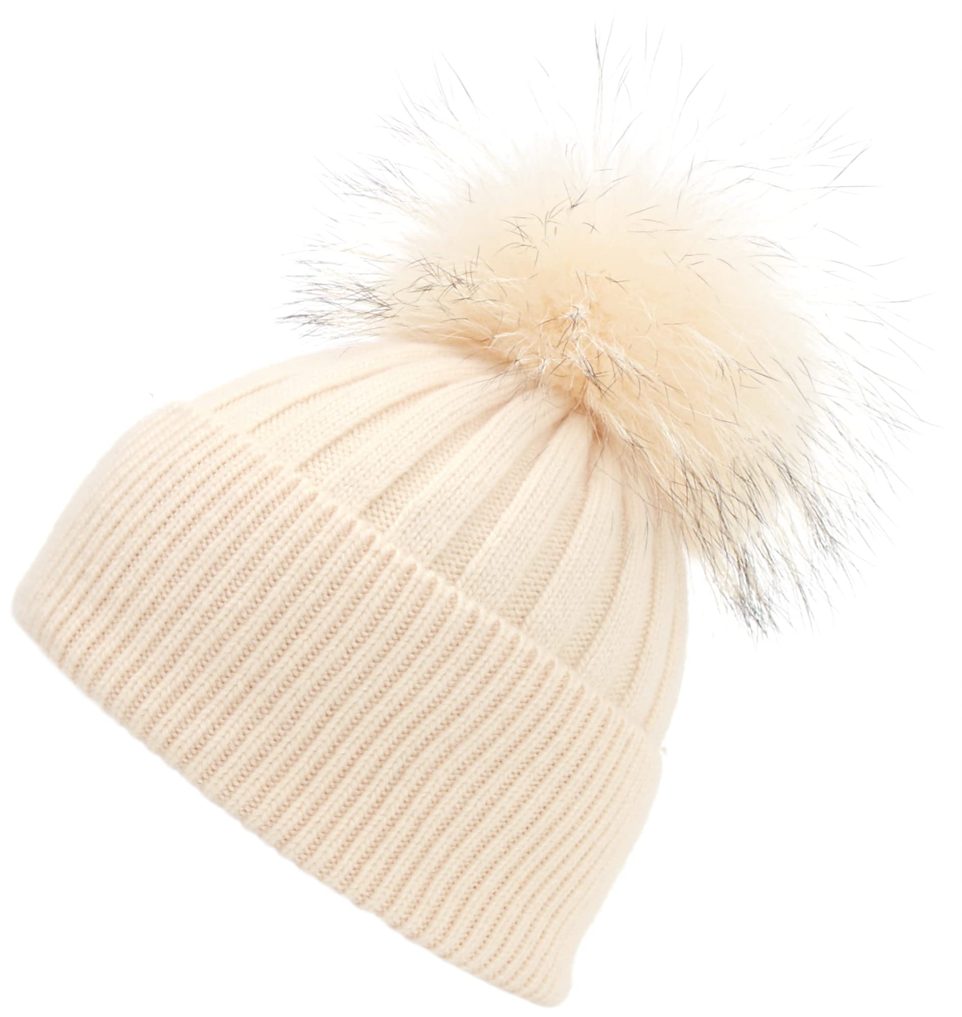 Women's Winter Warm Hat with Real Fox Fur Pom Pom - Soft Cashmere Blend Long Knit Beanie Skull Cap for Cold Weather, Outdoor Activities & Fashion Accessory