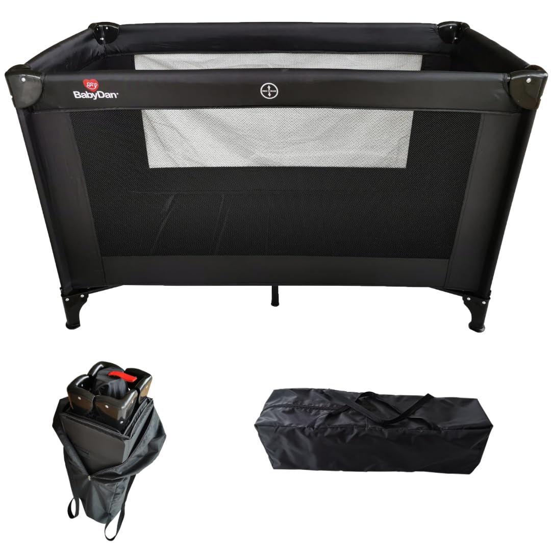 BabyDan Extra Large Travel Cot 60cm x 120cm - Portable Baby Bed for Travel & Home Use - Black