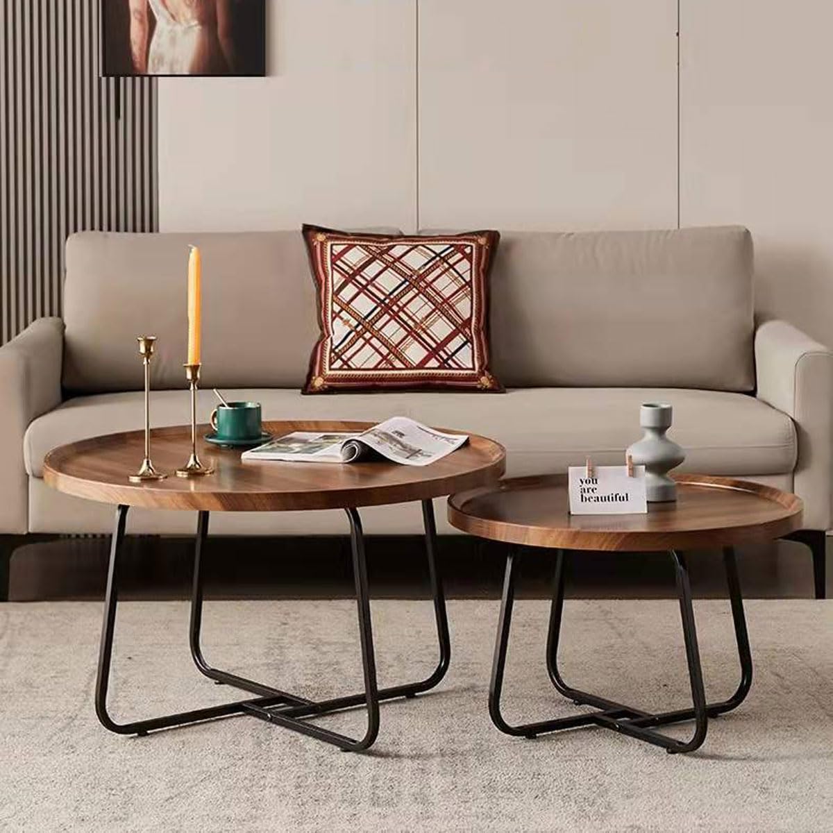 Round Nesting Coffee Table Set of 2 - Walnut Wood Side Tables with Fluted Design for Living Room, Bedroom, Office, Balcony or Yard (28