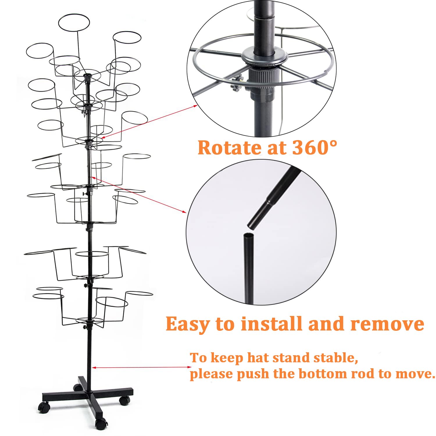 7-Tier Rotating Free Standing Hat Rack Stand with 35 Hooks - Metal Wig Organizer for Multiple Wigs & Baseball Caps - Space Saving Closet Storage Solution for Bedroom, Dressing Room or Retail Store Display