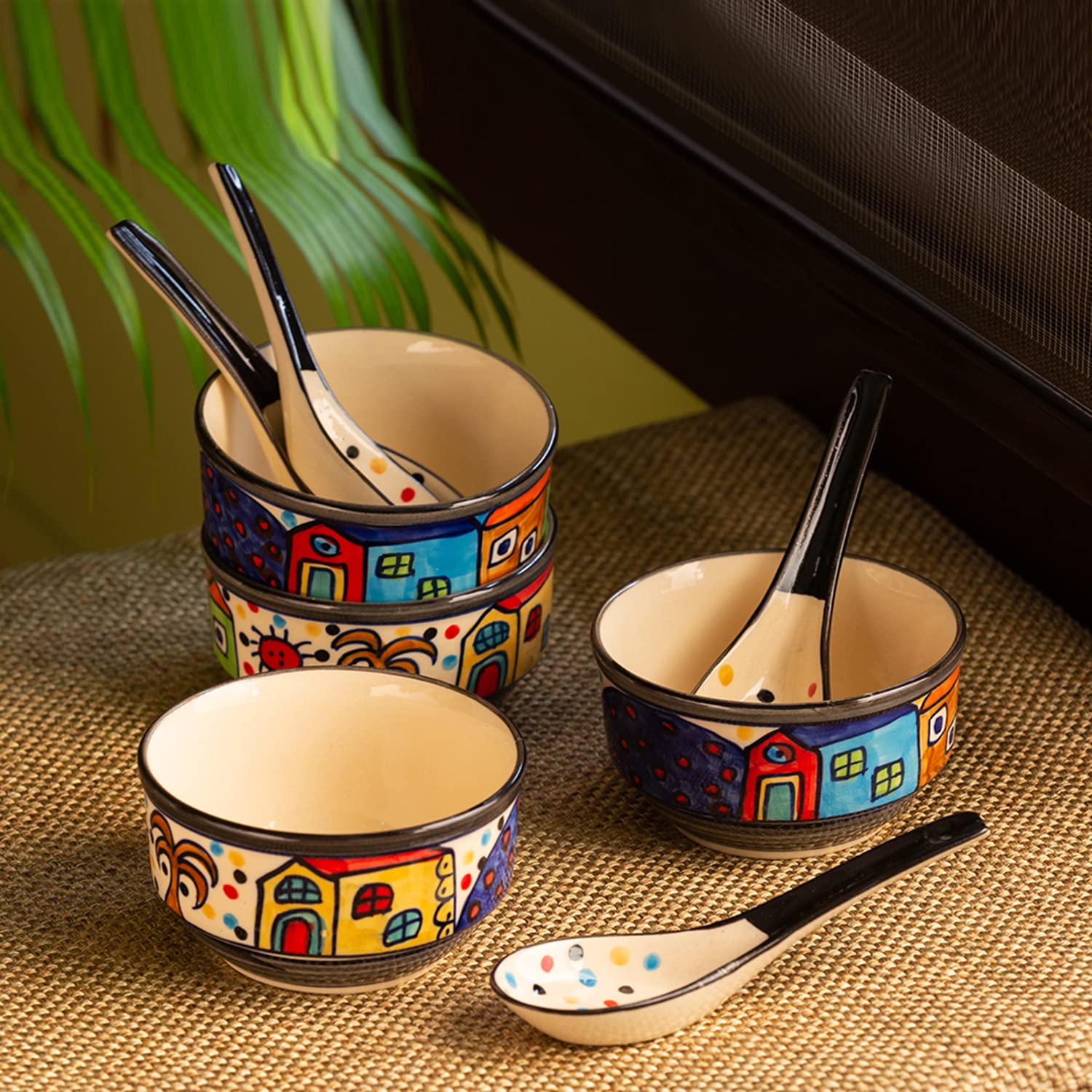 ExclusiveLane 'Soupy Huts' Handpainted Ceramic Soup Bowl with Spoon Set of 4 (260ml, Dishwasher & Microwave Safe) | Elegant Soup Bowls for Family Dining, Restaurant Use & Gift Giving