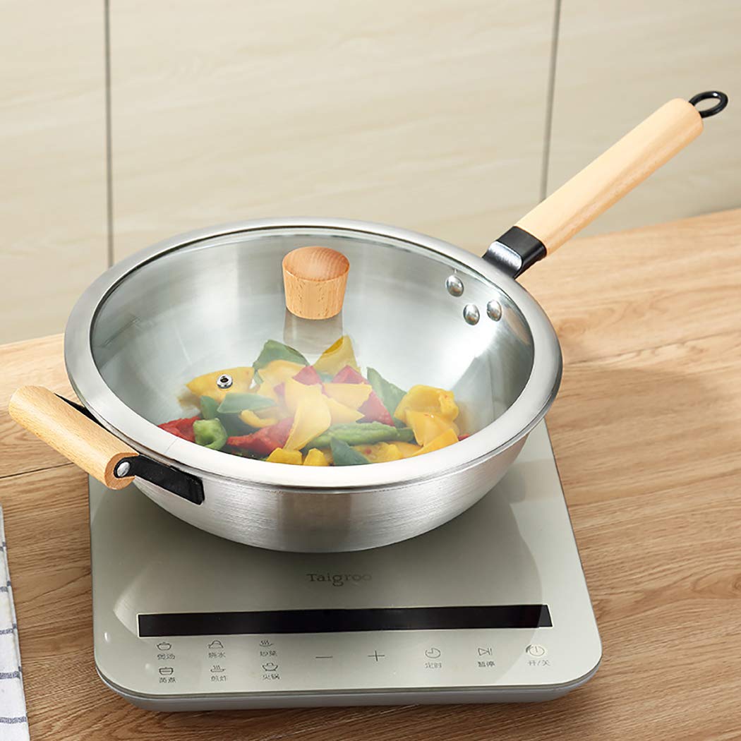 One Piece 12.5-inch Multi-Ply Clad 18/10 Stainless Steel Wok Pan - Stir Fry Pan with Dome Lid & Steamer Basket, Wooden Handle - Perfect for Asian Cooking, Stir-Frying, Steaming & Restaurant-Style Meals