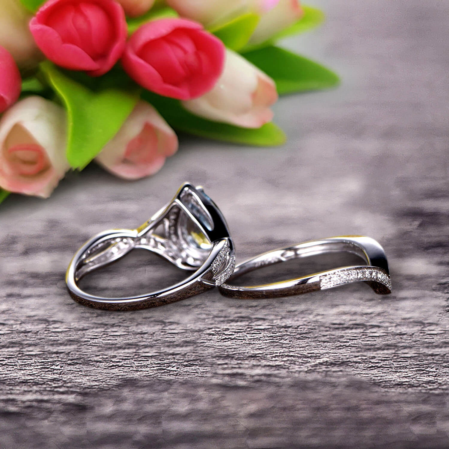1.75 Carat Pear Shape Teardrop Aquamarine Bridal Set with Moissanite Diamond Accents in 10k White Gold - Elegant Wedding Ring for Engagement, Anniversary & Special Occasions