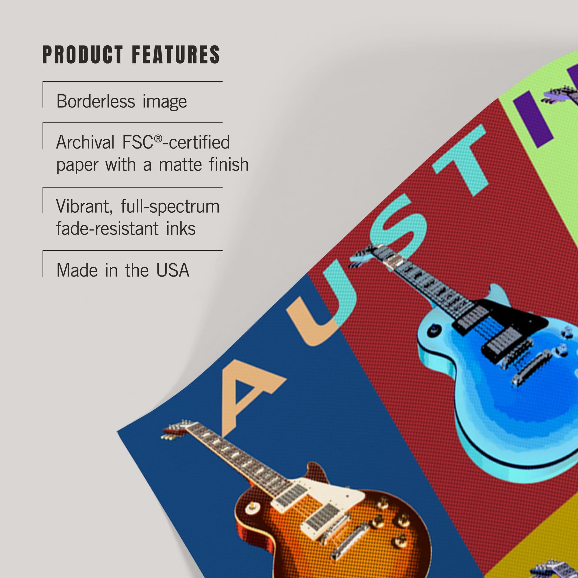 Lantern Press 16x24 Inch Giclee Print - Austin Texas Guitar Pop Art Wall Decor for Living Room, Bedroom & Office