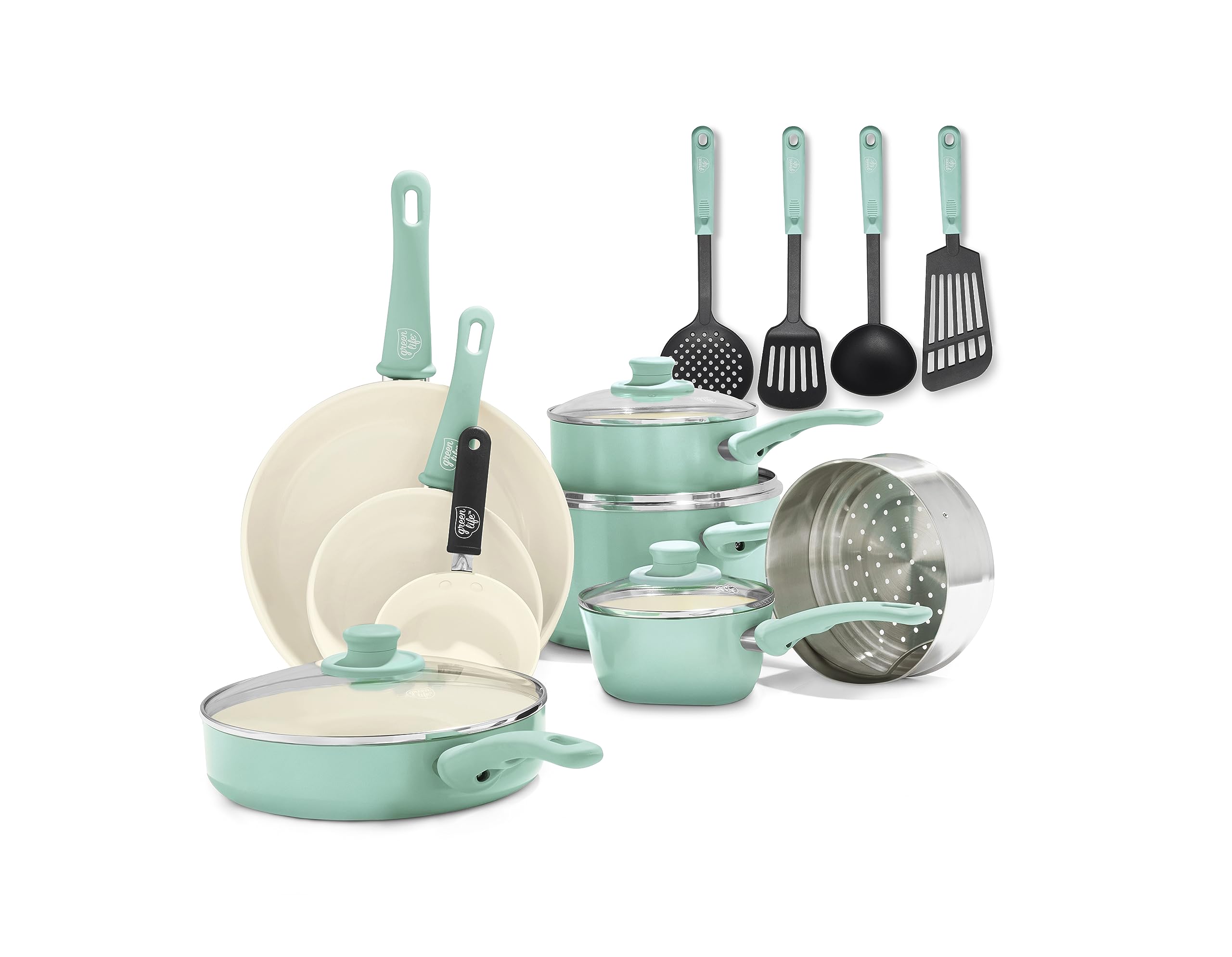 GreenLife Soft Grip 16-Piece Non-Toxic Ceramic Nonstick Cookware Set - PFAS-Free Pots, Pans, Frying & Saute Pans with Glass Lids - Stay-Cool Handles, Wobble-Free Bases - Dishwasher & Oven Safe - Turquoise - Perfect for Healthy Cooking, Family Meals & Everyday Kitchen Use
