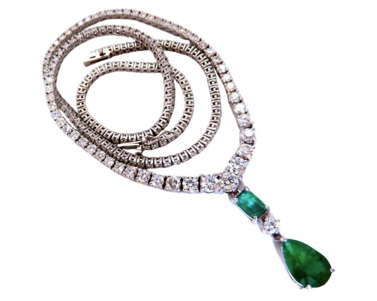 14.47 Carat Natural Emerald and Diamond Necklace in 14K Gold - Riviera Graduated Dangle Pendant for Women | Perfect for Weddings, Anniversaries & Special Occasions