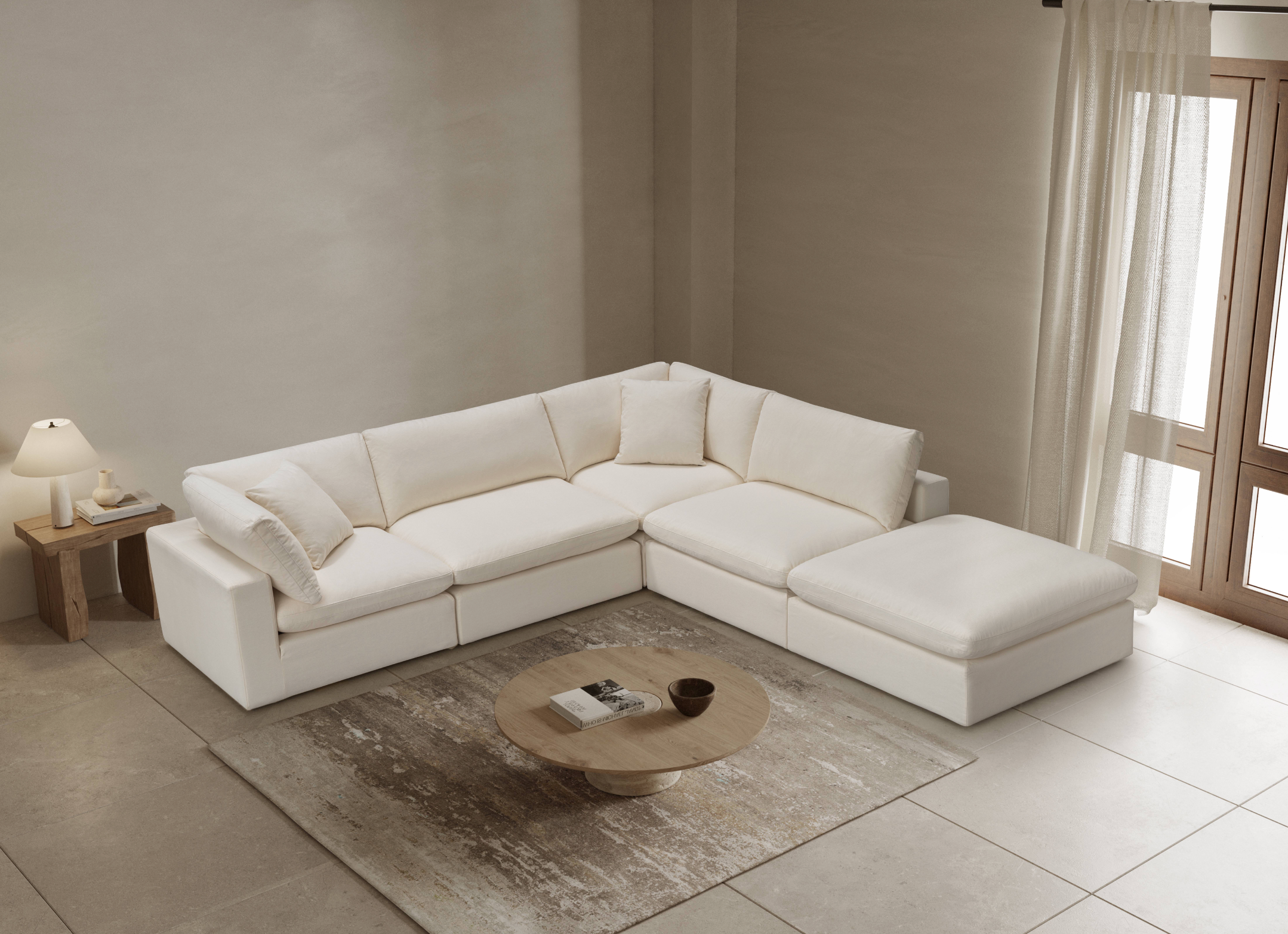 Cali Modular 5-Piece Chaise Sectional Sofa in Sol Ivory - Modern L-Shaped Living Room Furniture for Small Spaces & Apartments