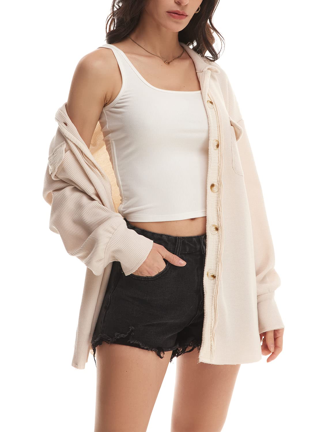 Nirovien Women's Waffle Knit Shacket - Oversized Button Down Shirt Jacket for Spring | Lightweight Long Sleeve Open Front Cardigan | Casual Loungewear, Workwear & Street Style Outfits