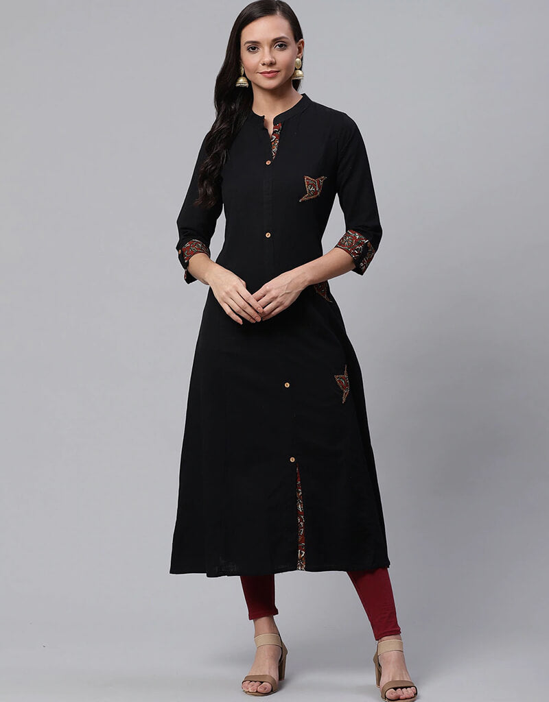Stylish Black Cotton Straight Kurti for Women - Comfortable & Trendy Ethnic Wear for Casual Outings, Parties & Festive Occasions