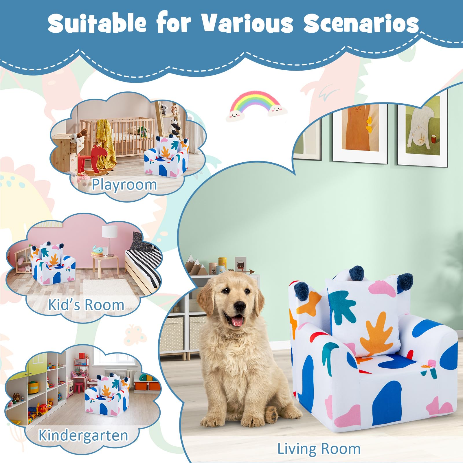 HONEY JOY Toddler Couch - Crown Shaped Kids Chair with Bonus Pillow, Soft Velvet Cover & Extra Cushion Foam, Lightweight Baby Sofa for Playroom, Nursery or Bedroom - Multi-Color Leaf Design for Boys & Girls