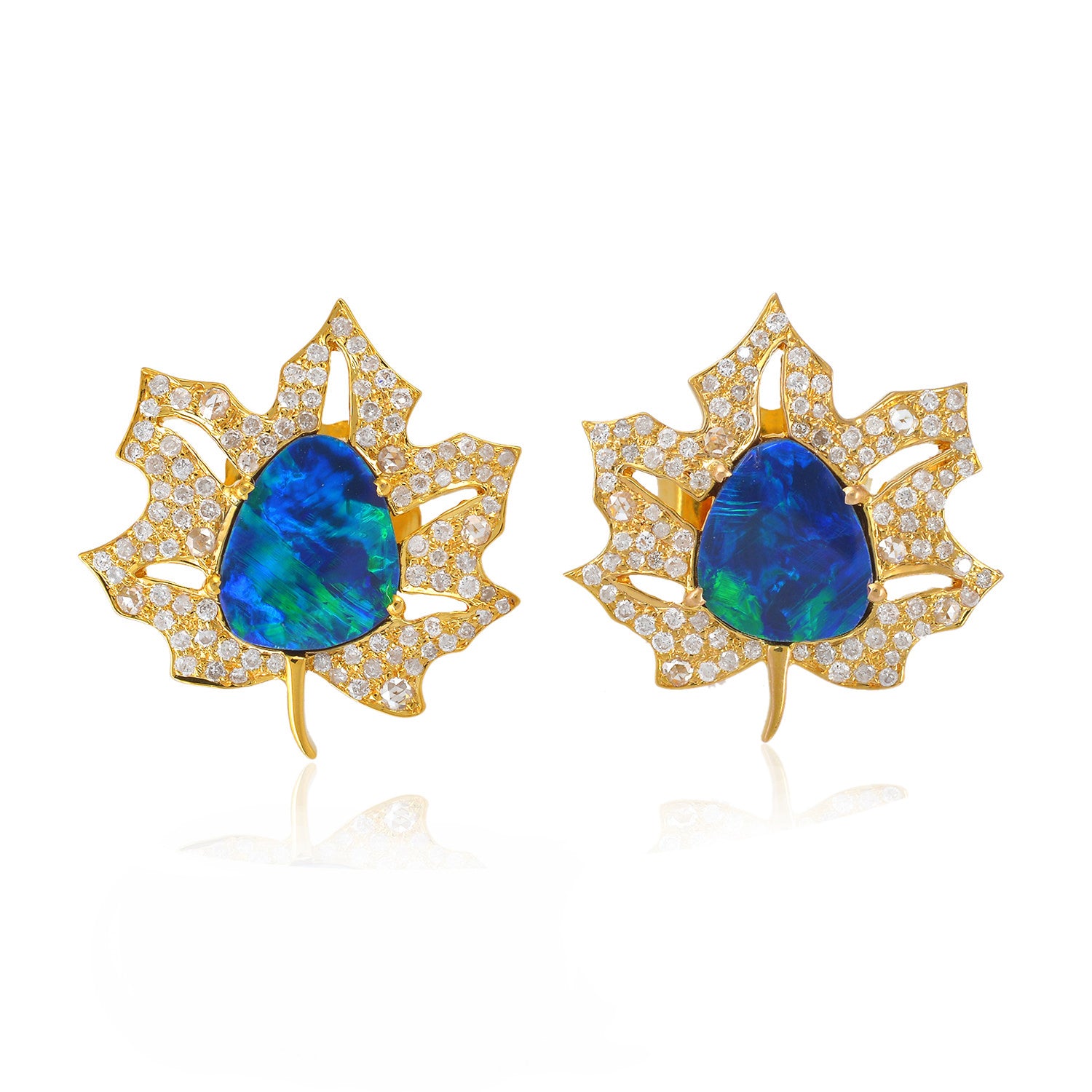 18K Yellow Gold Opal Doublet Gemstone Pave Diamond Maple Leaf Stud Earrings - Elegant Nature-Inspired Jewelry for Women, Perfect for Weddings, Parties & Everyday Wear