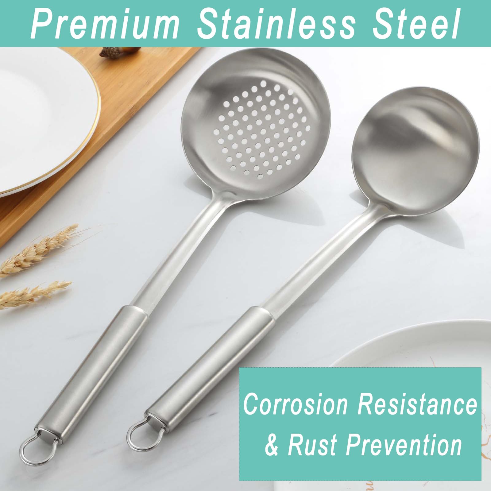 Premium 2-Piece Stainless Steel Ladle and Slotted Spoon Set - Soup Ladle & Strainer Skimmer - Durable Kitchen Utensils for Cooking, Serving - Perfect for Home Chefs & Restaurants - Dishwasher Safe - Ideal for Soups, Stews, Pasta & Deep Frying