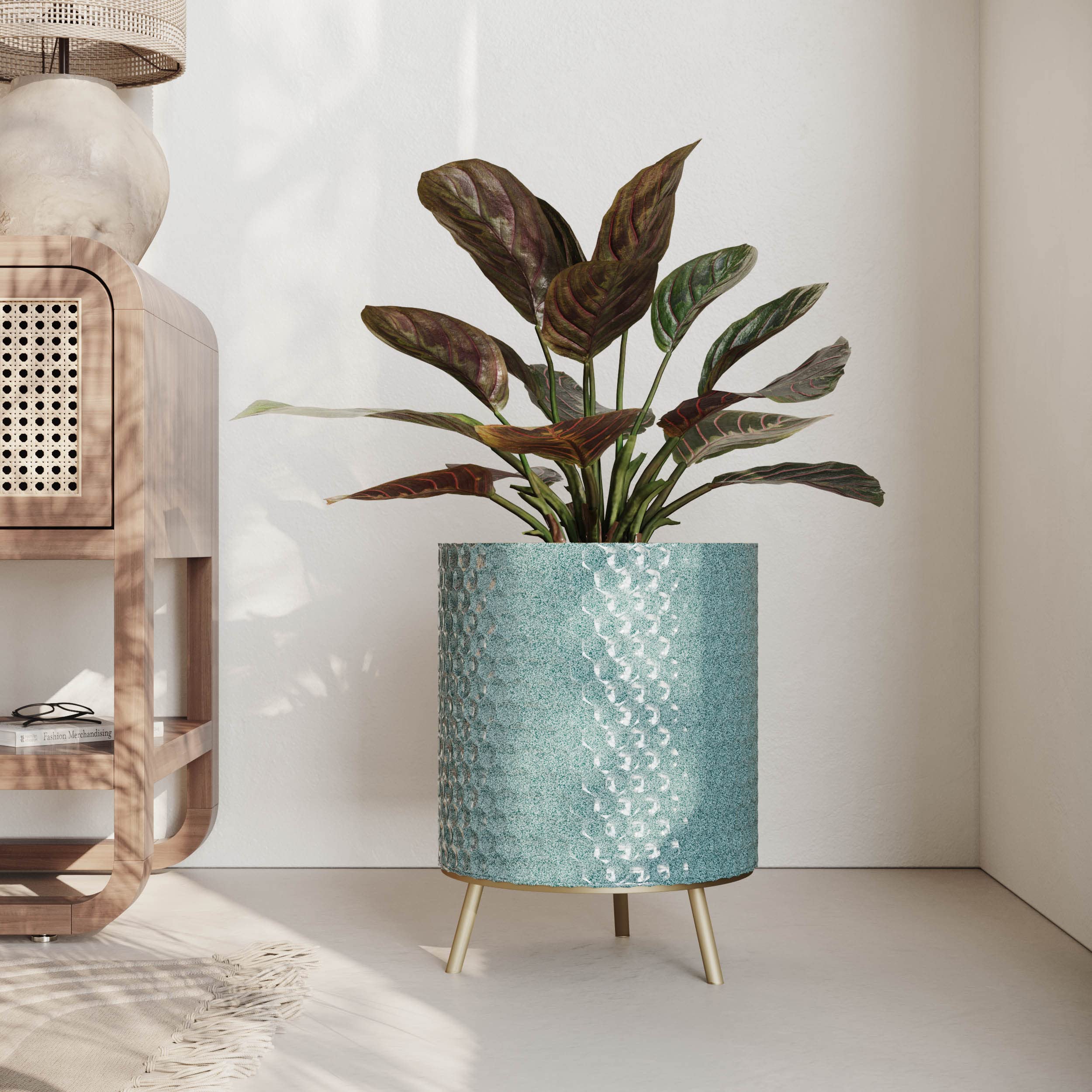EverNest Mid-Century Modern Rhys Honeycomb Embossed Planter Pot with Nyra Gold Stand - Set of 3 Metal Indoor Plant Pots in Blue Green Bohemian Style for Living Room, Office & Home Decor