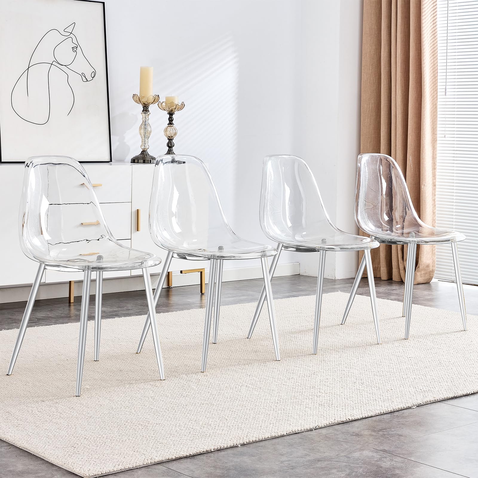 Baysitone 4-Piece Clear Acrylic Dining Chairs Set - Modern Transparent Kitchen Chairs with Sturdy Metal Legs - Silver Finish for Dining Room, Kitchen & Living Room - Perfect for Small Spaces, Minimalist Decor & Contemporary Home Settings