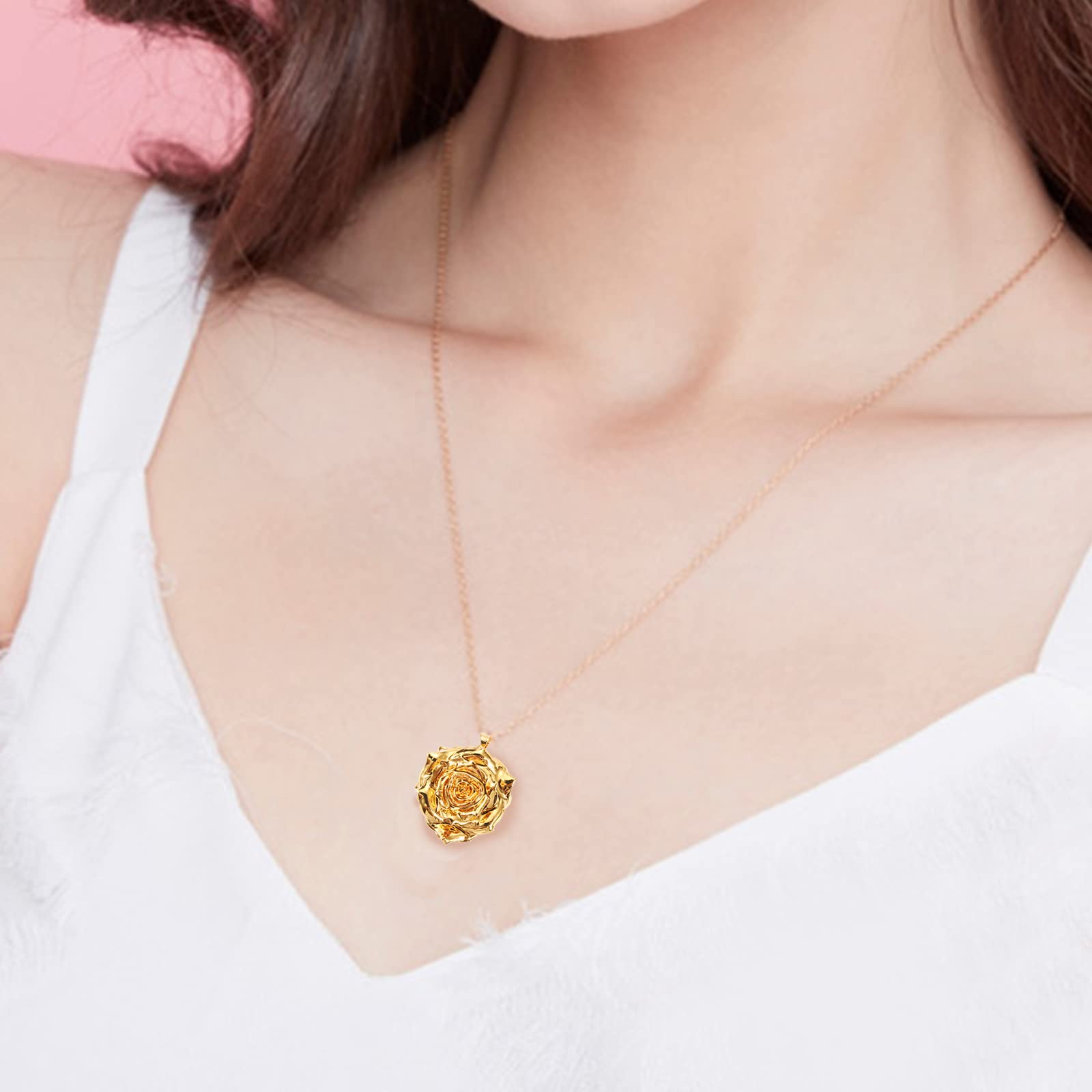 AliveRose 24K Gold Dipped Real Rose Pendant Necklace for Women - Elegant Jewelry Gift for Mother's Day, Anniversary, Birthday, Christmas - Perfect for Wife, Girlfriend, Mom - Romantic Occasions & Special Moments