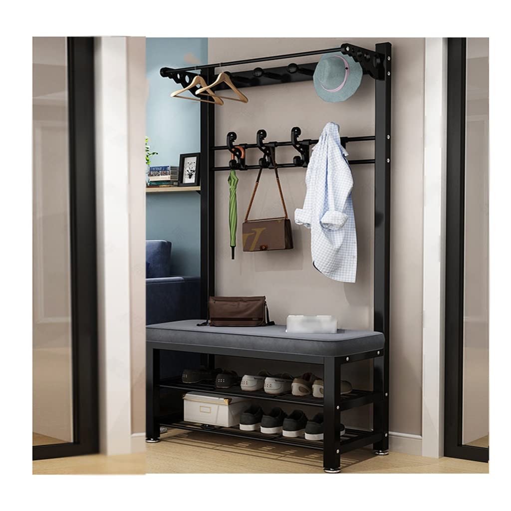 LHHL 4-in-1 Entryway Storage Bench with Metal Frame & Double Hanging Hooks - Multifunctional Coat Rack Shoe Bench Hall Tree for Home Organization (Black Grey, 60x33x172cm) | Perfect for Small Spaces, Apartments & Mudroom Storage Solutions