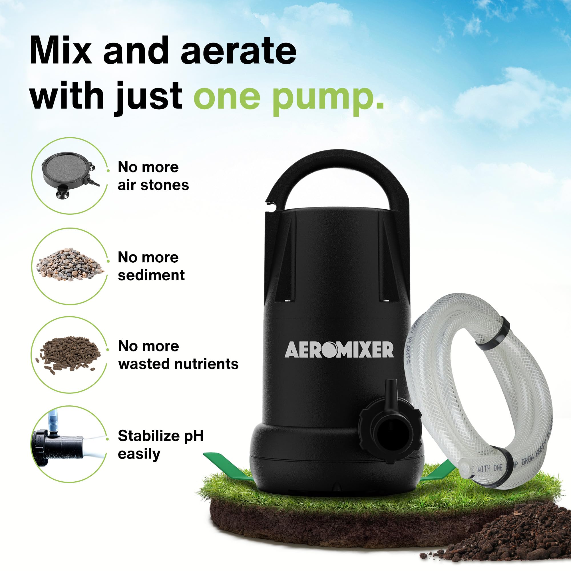 3/4 HP AEROMIXER Submersible Water Mixer & Aerator Pump - Heavy Duty for Synthetic Fertilizer, Garden Ponds, Hydroponics | Ideal for Gardening, Aquaculture, Water Features