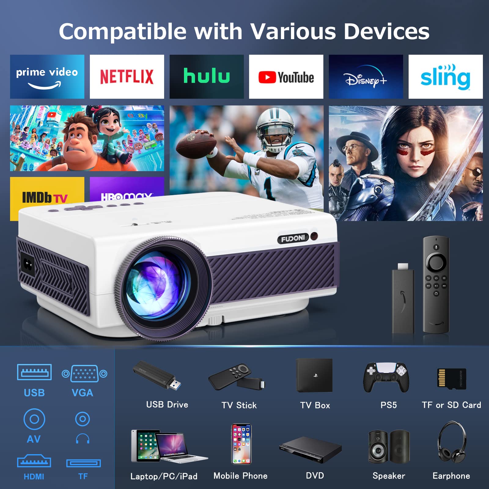 FUDONI 5G WiFi Bluetooth Projector 1080P Full HD 15000L Lumens Portable Outdoor Movie Projector with 4K Support, Keystone & Zoom - Compatible with iOS, Android, Laptop, TV Stick, HDMI, USB, VGA, TF - Perfect for Home Theater, Backyard Movies, Gaming, and Presentations