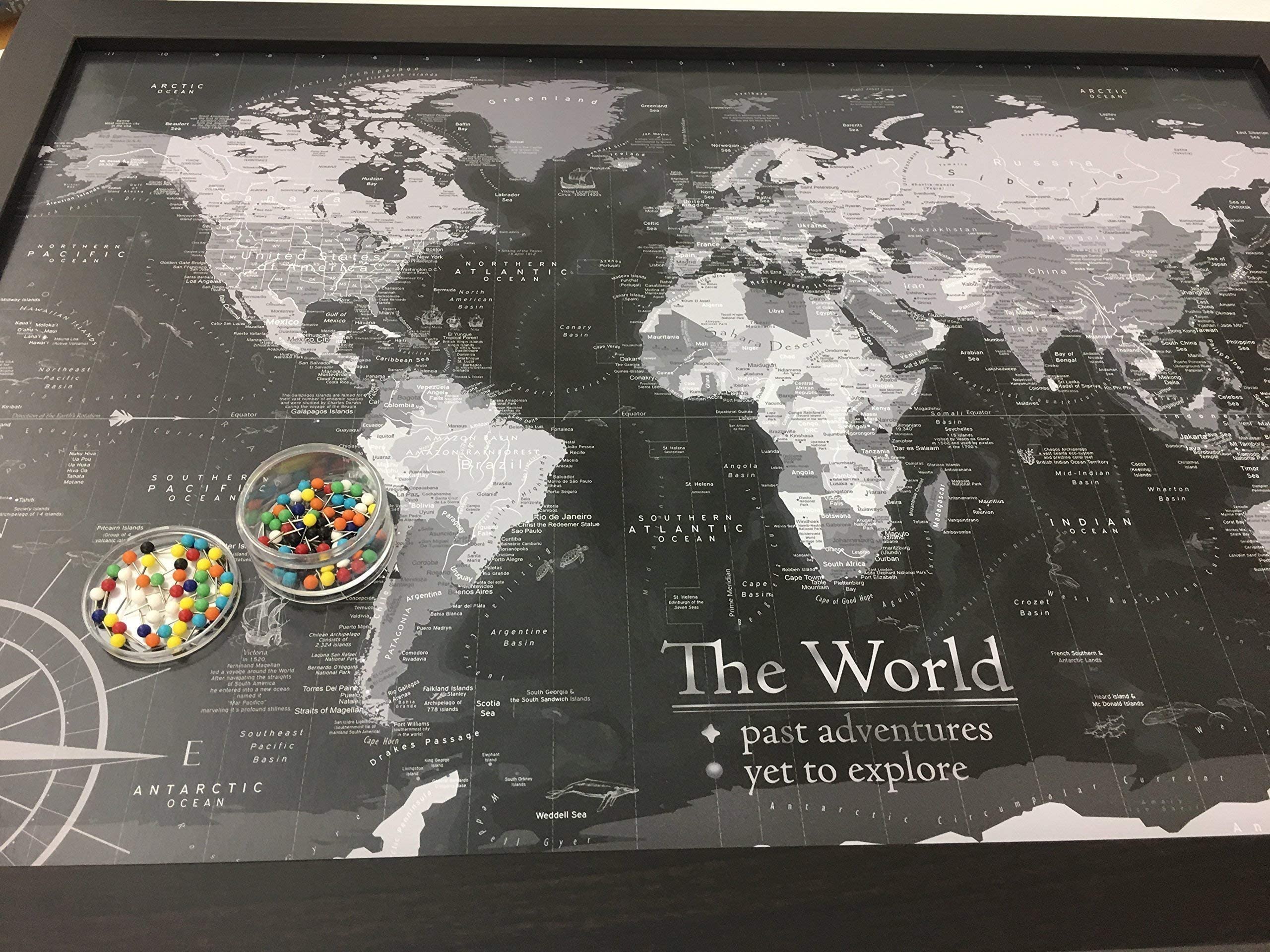 Custom Push Pin World Travel Map with Pins - Large Framed or Stretched Canvas Wall Art - Black & White Edition | Handmade Home Decor for Office, Living Room & Bedroom | Perfect Gift for Travel Lovers & Adventure Enthusiasts
