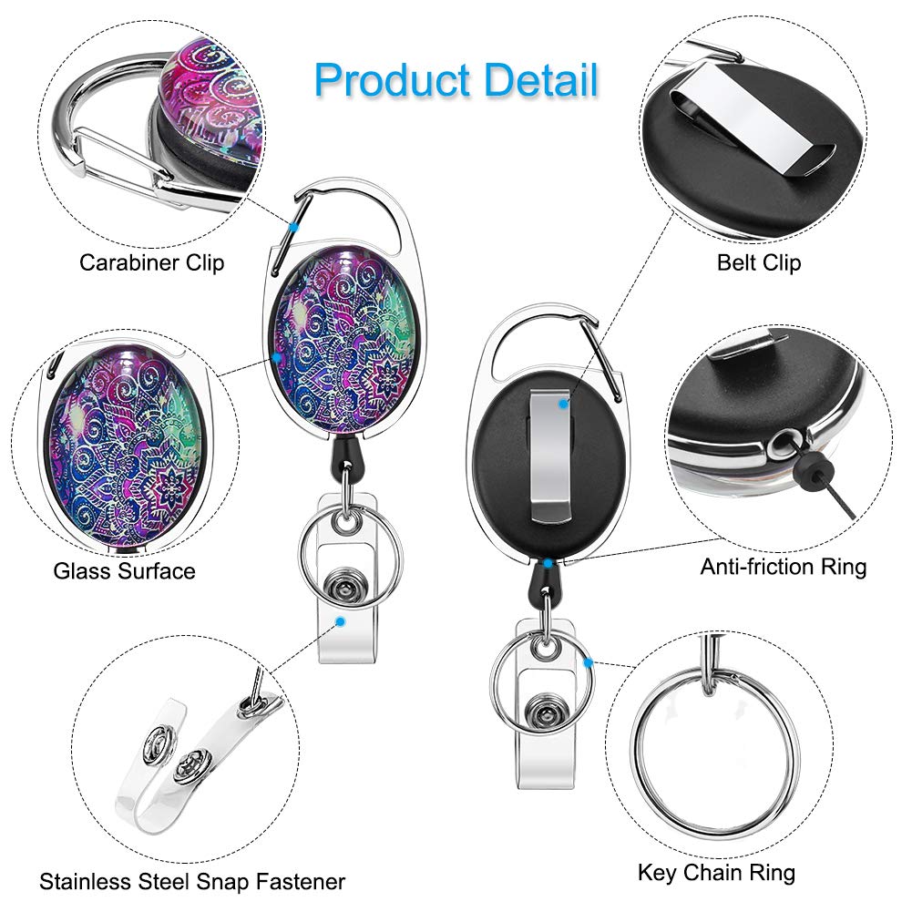 Xoqo Heavy Duty Retractable Badge Reel with Carabiner Clip - 3 Pack Crystal Glass Badge Holders for ID Cards, Keys & Accessories - Ideal for Nurses, Doctors, Teachers & Office Workers (Mandala Design)