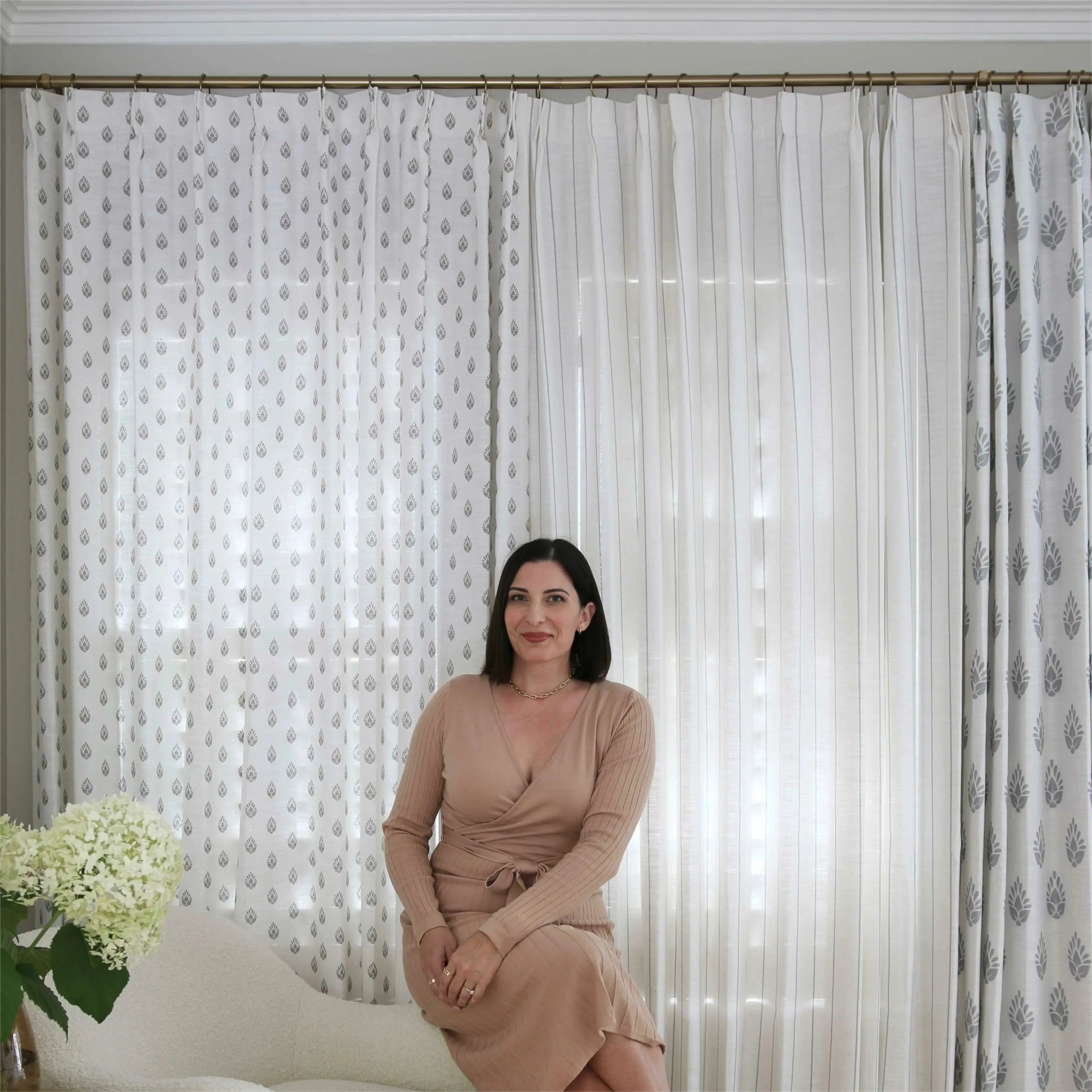 Stefana Silver Print Linen Curtains with Grommet Top - Elegant Window Drapes for Living Room, Bedroom & Dining Room Decor