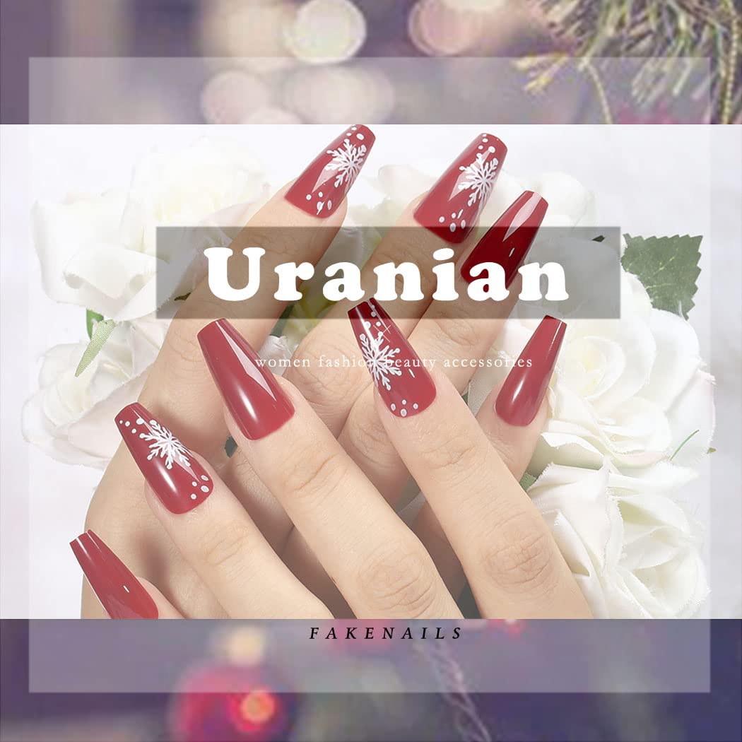 Uranian Christmas Press on Nails - 24pcs Long Red Coffin Fake Nails with Snowflake, Stripes & Glitter Designs | Glossy Santa Claus & Elk French Tip Acrylic Nails for Women & Girls | Perfect for Holiday Parties, Gift Giving & Festive Nail Art