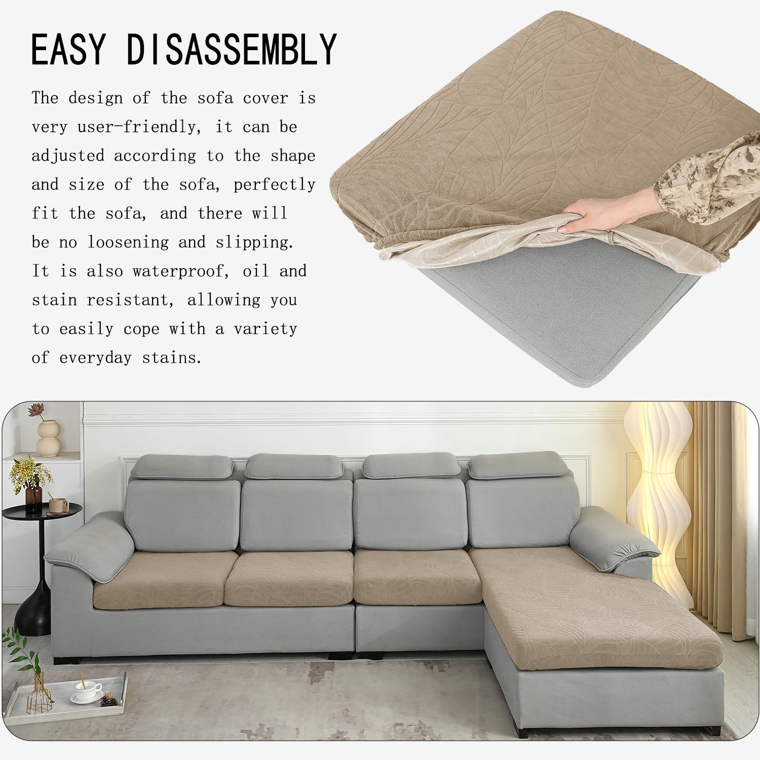 Waterproof Stretch Jacquard Sofa Cushion Covers - Washable Furniture Protector for Couch, Loveseat & Chaise (Khaki, 2-Pack) | Spill-Proof & Pet-Friendly Home Decor for Living Room, Family Room & Dorm