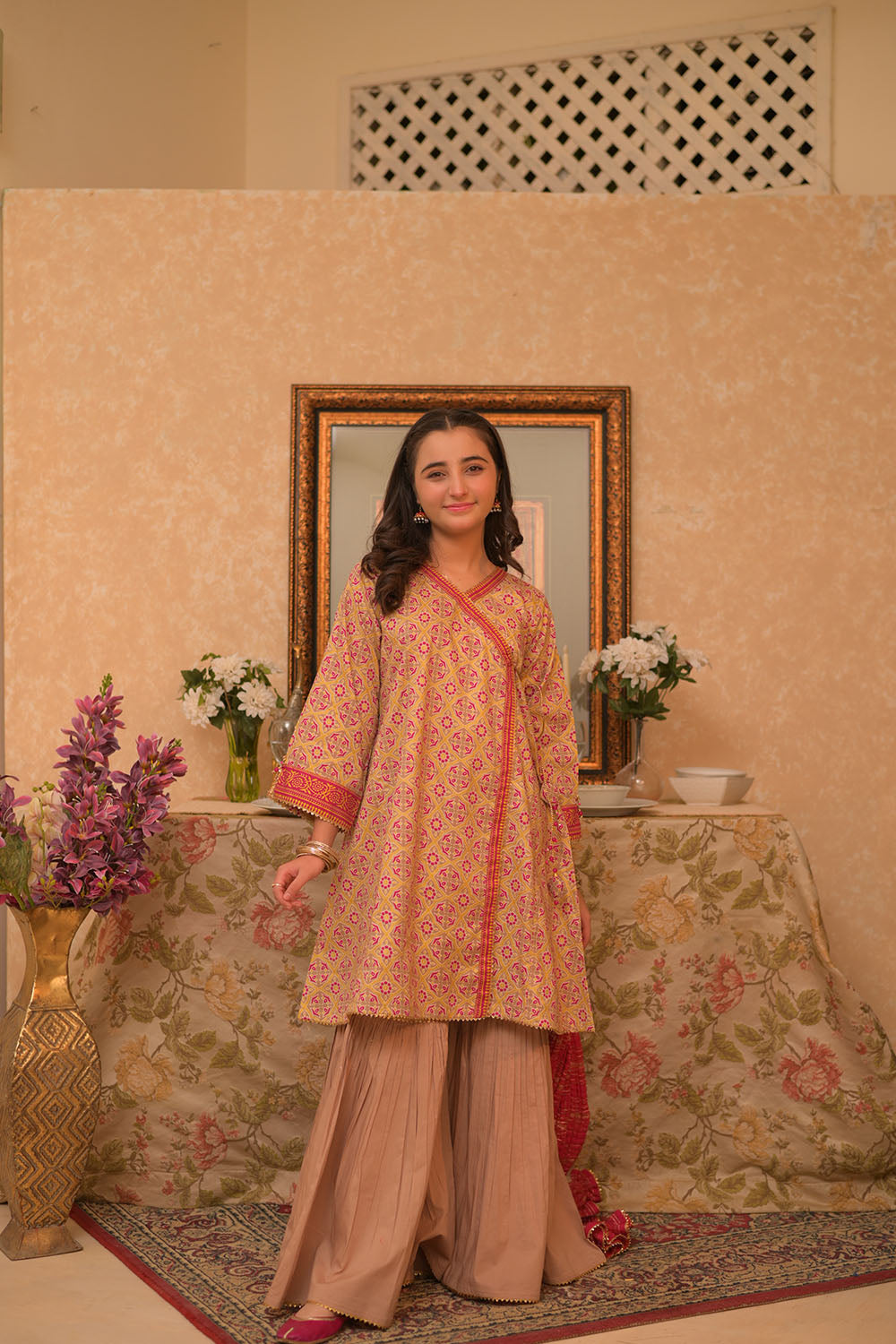 Elegant Cotton Gold Printed Beige Stitched Suit for Women | Formal Office Wear & Special Occasion Outfit | Senorita Collection