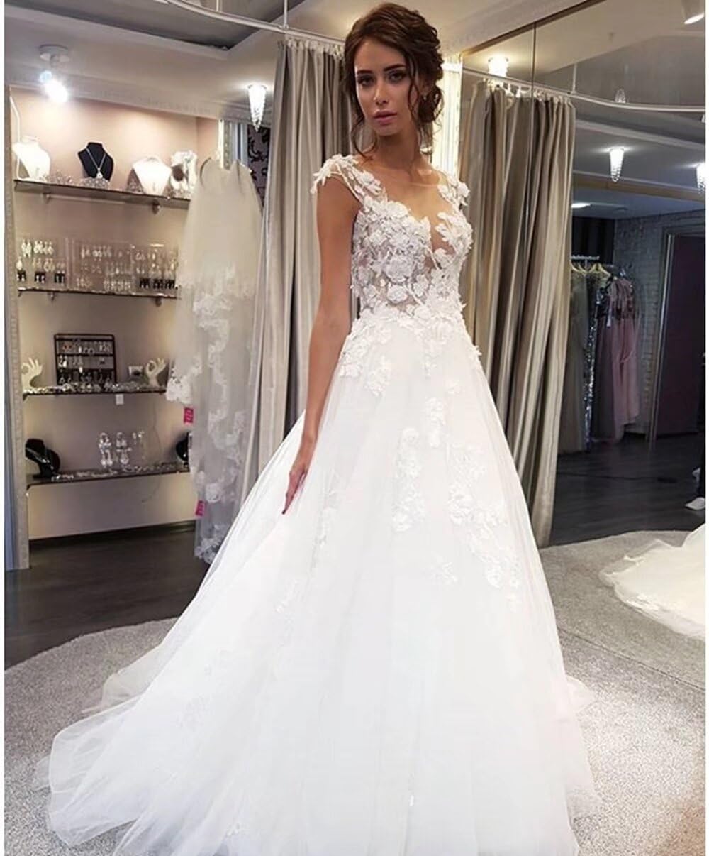 Elegant Illusion Wedding Dresses for Bride – Long Lace Appliques Tulle Sleeveless Bridal Gown – Perfect for Beach, Church, and Formal Wedding Ceremonies