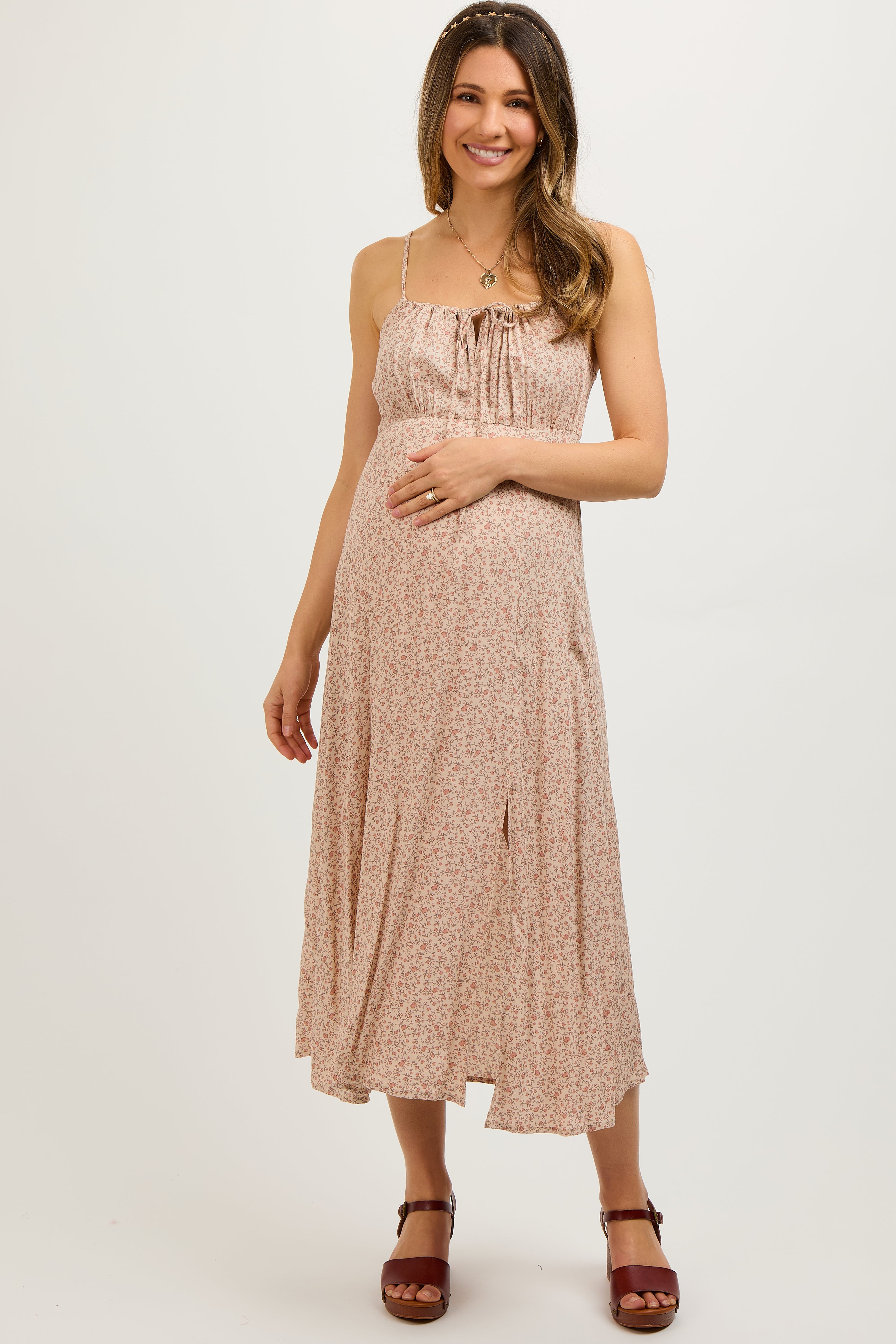 Beige Ditsy Floral Maternity Dress with Side Slit - Comfortable Mid-Length Pregnancy Dress for Baby Shower, Maternity Photo Shoot & Special Occasions