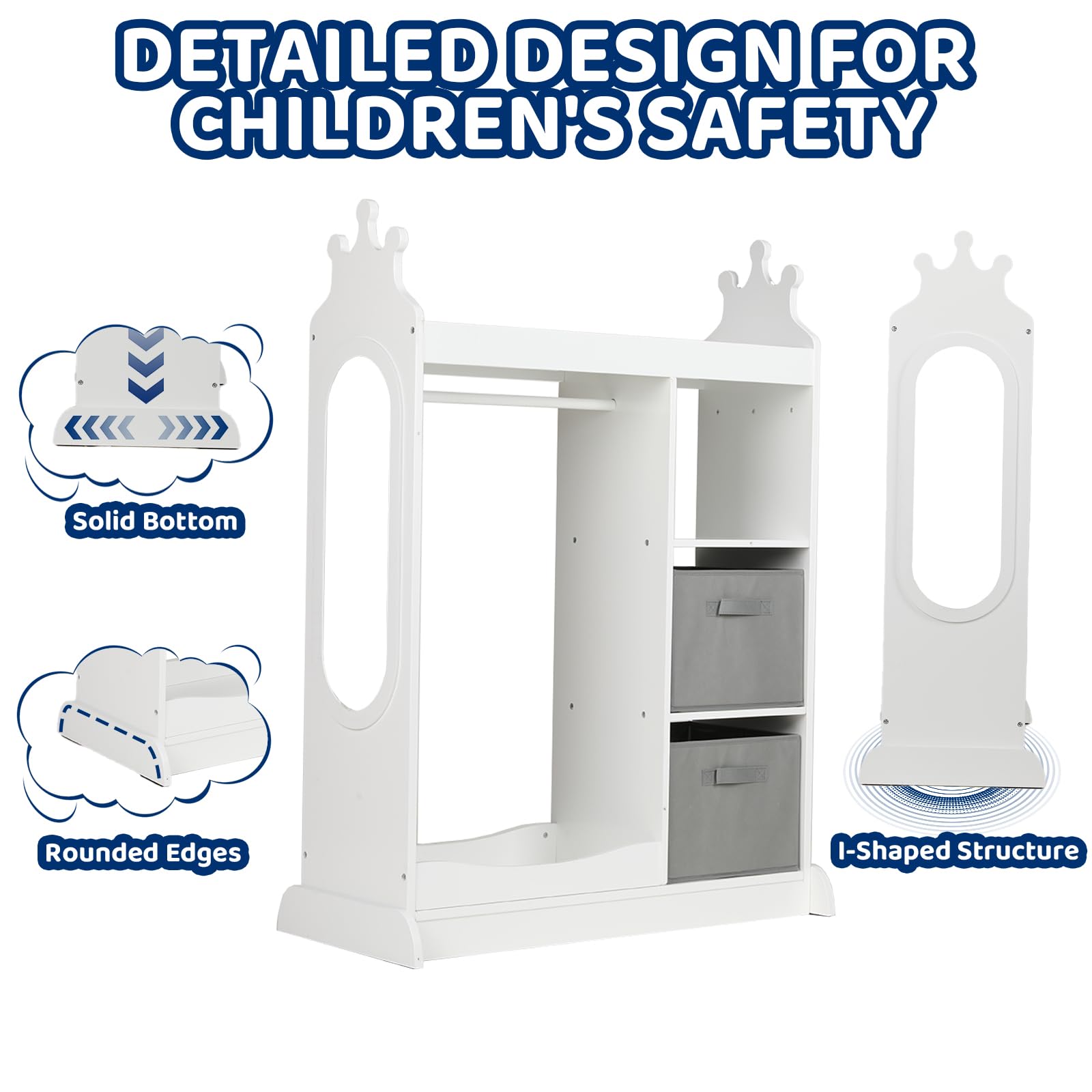 KIDINIX Kids Wardrobe with Mirror - White Open Dress Up Storage Armoire with 3-Tier Shelf, 2 Fabric Bins & Shoe Rack - Perfect for Organizing Coats, Dance Costumes, Hats & Shoes in Bedroom or Playroom
