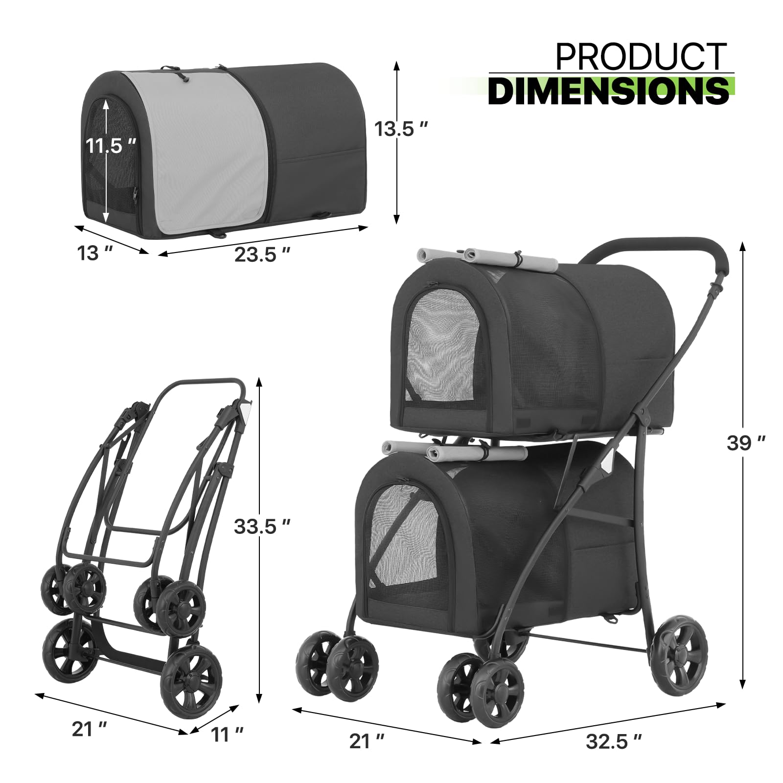 **Magshion Double Dog Stroller with 2 Detachable Carrier Bags - 4-Wheel Folding Pet Travel Cart for Small & Medium Dogs & Cats - Includes Storage Pocket - Black/Gray - Perfect for Park Walks, Vet Visits & Shopping Trips**