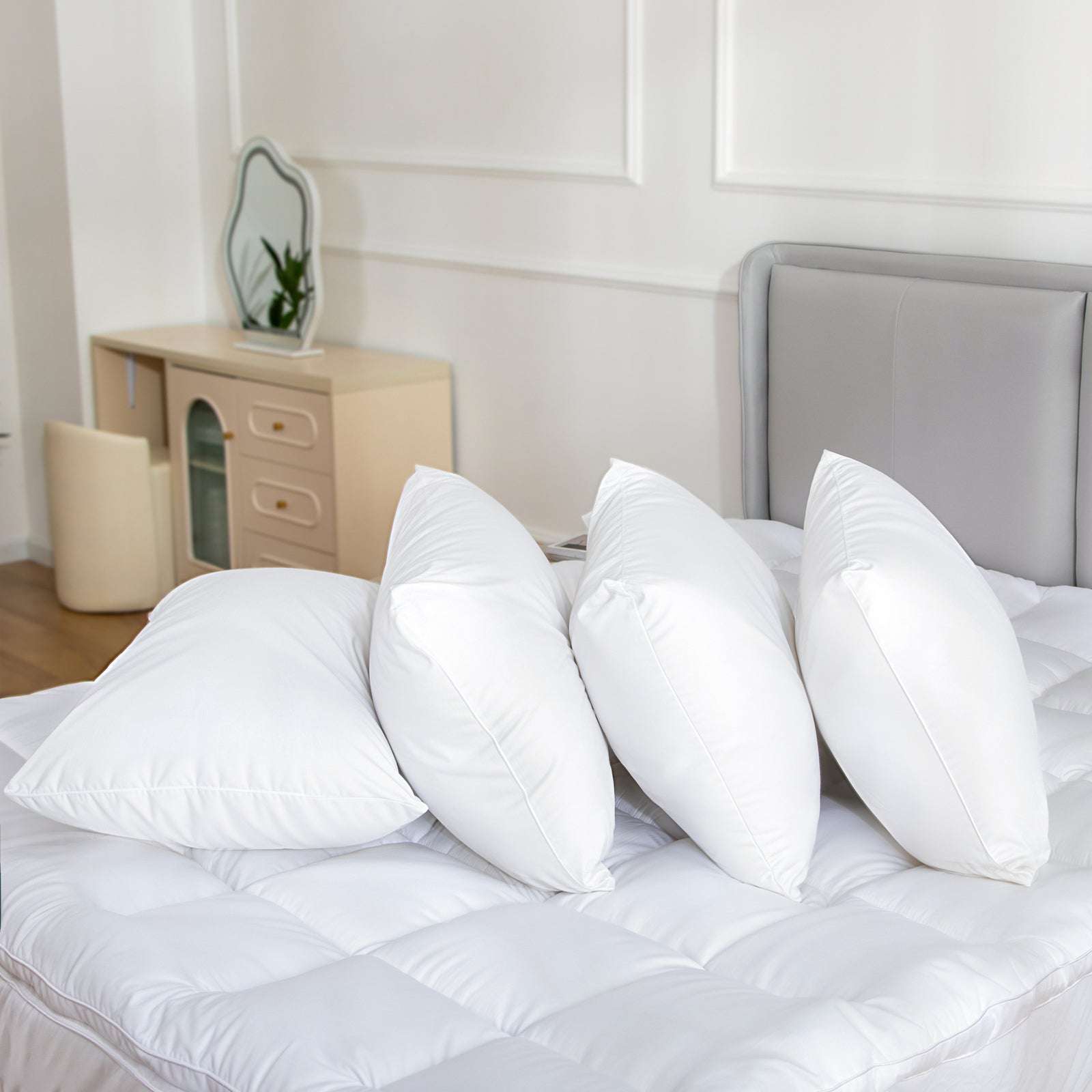100% Cotton Pillow Cover with 800g Poly Fill - Hypoallergenic, Antibacterial & Cooling Technology - Set of 4 - Perfect for Bedroom, Guest Room & Travel Use