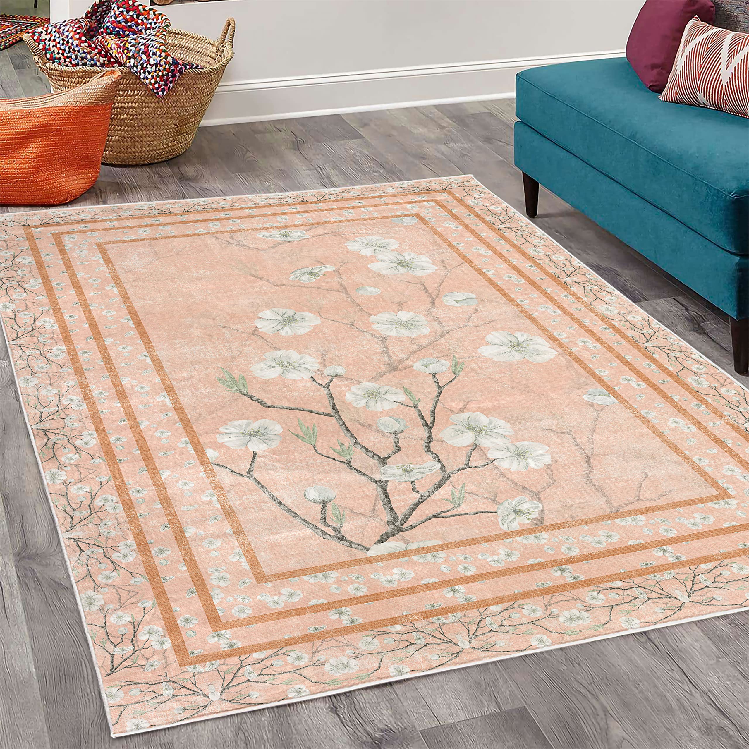 Ambesonne Floral Area Rug - Spring Apple Blossom Design with Nature-Inspired Branches, Soft Non-Slip Carpet for Bedroom, Living Room, Dorm (5'1