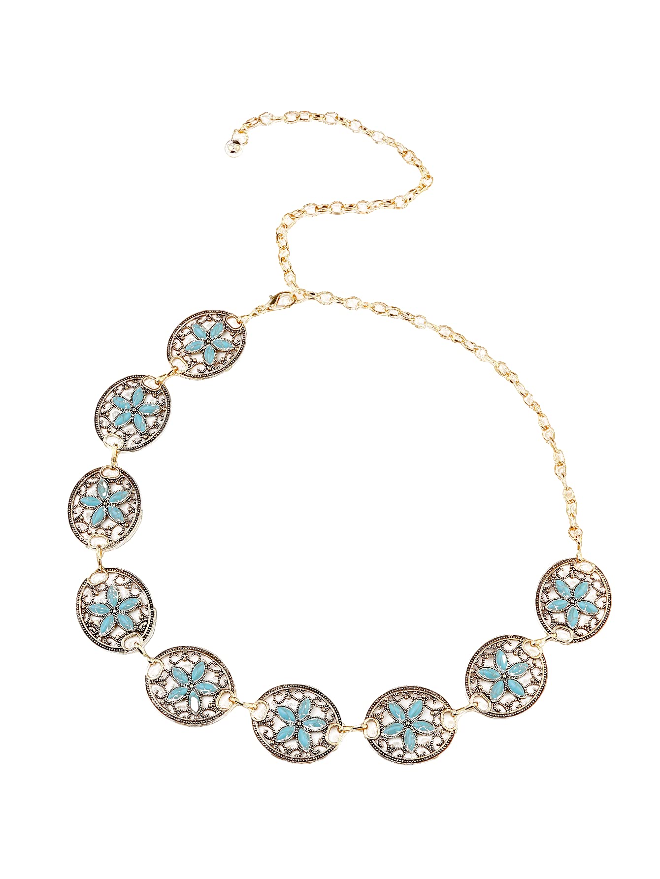 Western Flower Turquoise Concho Chain Belt for Women - Adjustable Metal Stone Waist Belt - Cowgirl Fashion Accessory for Country Concerts, Rodeos & Western Outfits