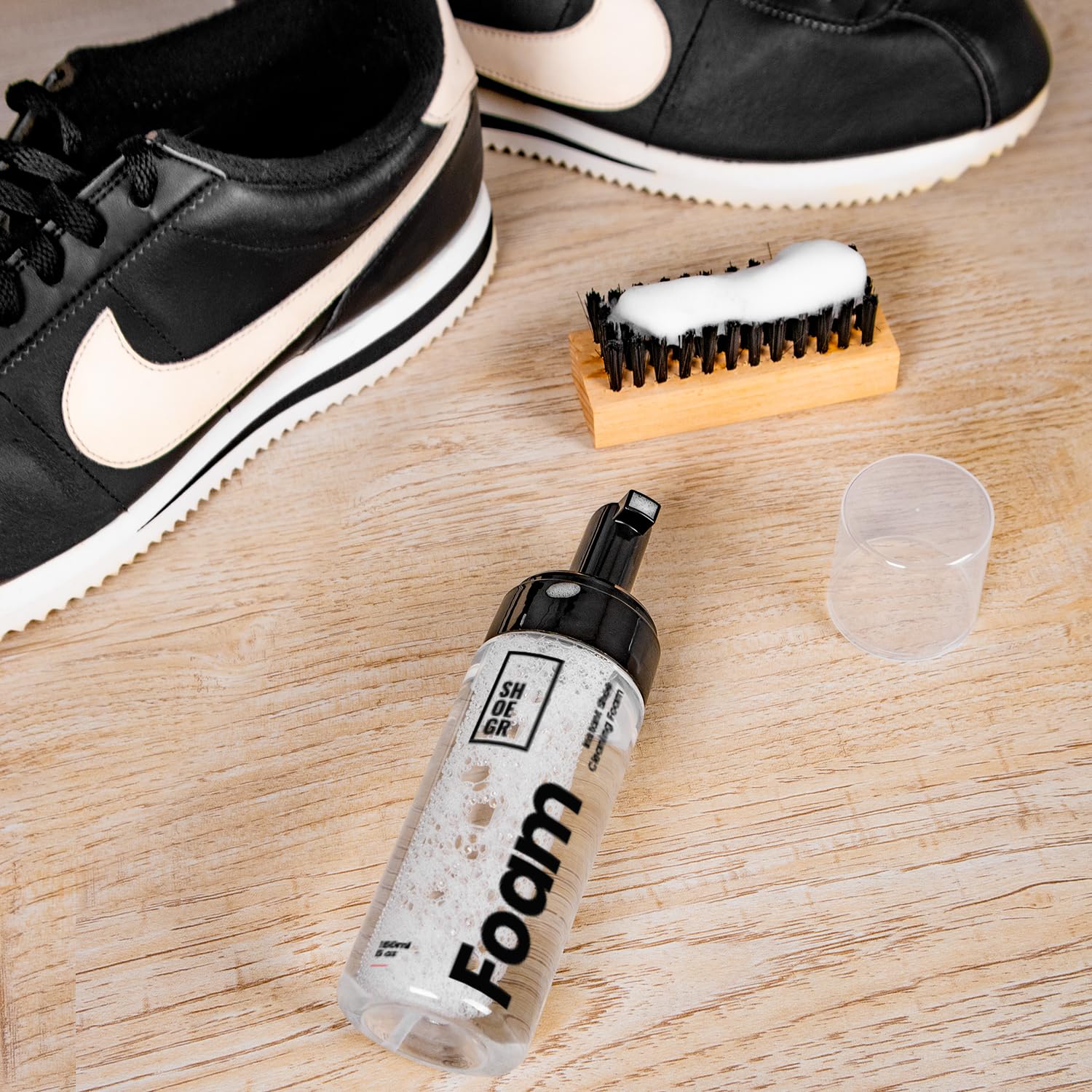SHOEGR Instant Shoe Cleaning Kit - 150ml Foam Cleaner & All-Purpose Brush for Sneakers, Sports Shoes, Suede & Rubber | White Shoe Care Kit with Foam Spray | Perfect for Gym, Running, Basketball & Everyday Use