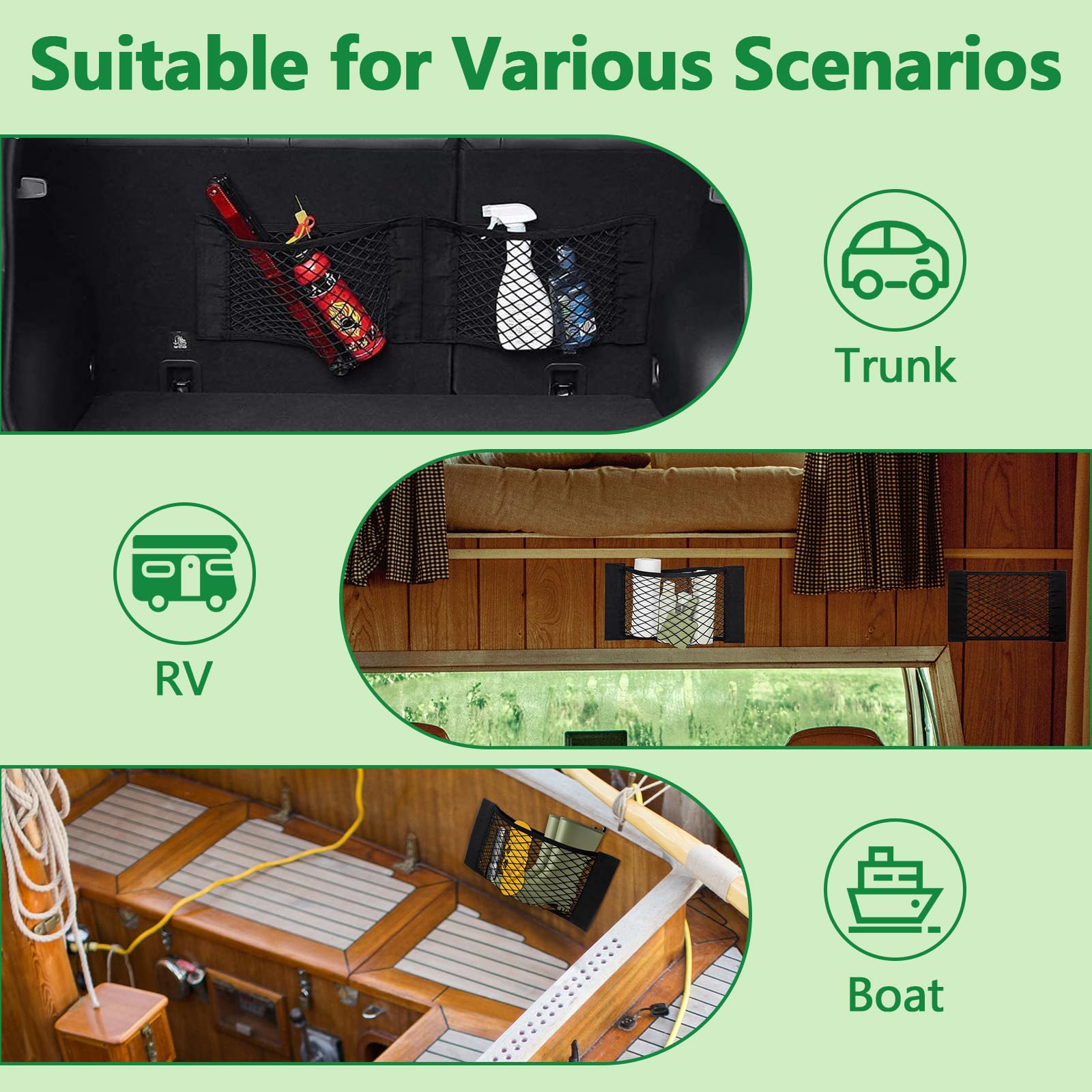 CARFIB Car Trunk Organizer - 4pcs Elastic Mesh Cargo Nets for SUV, Boat, RV - Wall Mount Storage Bag with Adhesive - Perfect for Organizing Small Items in Vehicles, Travel & Outdoor Adventures